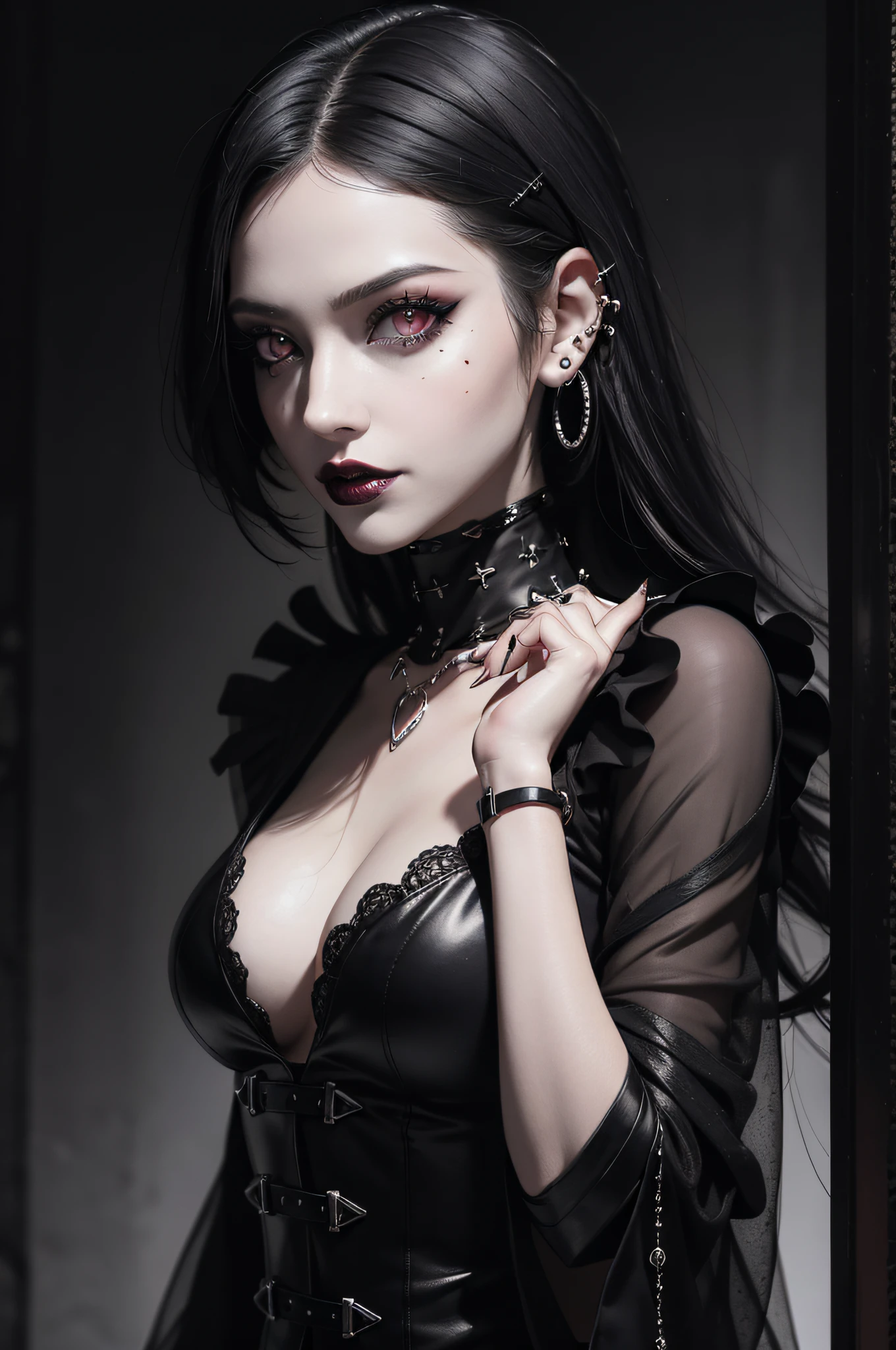concept art, a woman with medium black hair, (with makeup and piercings), bubble goth makeup, black makeup, gothic girl face, goth makeup, pale goth beauty, (detailed glowing red eyes), faint smile dark lipstick, emo makeup, dark makeup, gothic makeup, dreamy gothic girl, black choker, beautiful pale makeup, gothic eyeliner, dark goth queen with red eyes, black eye makeup, sadistic smile, equirectangular 360, Highres,  [(art by Willi Baumeister:1.1), (art by John T. Biggers:1.2)::17], official art, unity 8k wallpaper, ultra detailed, aesthetic, masterpiece, best quality, photorealistic
