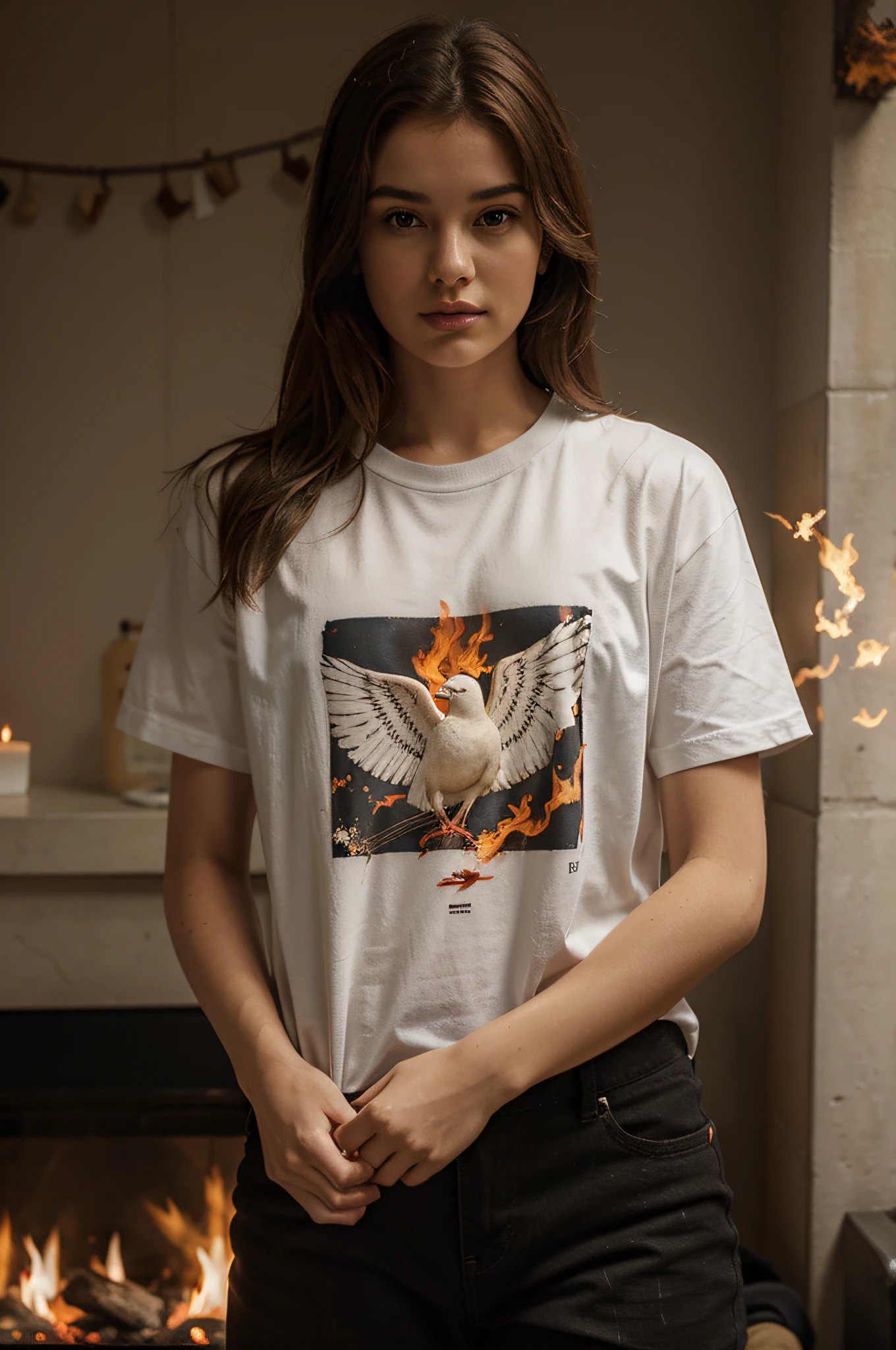 Dove and fire, print on shirt