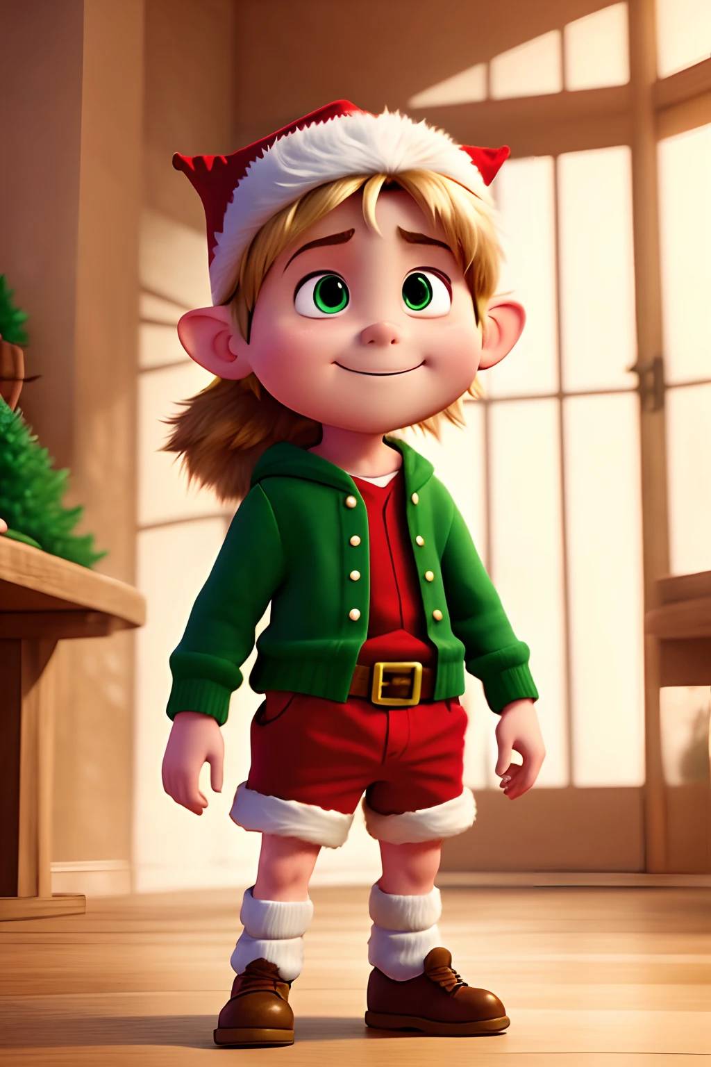 create an anime cartoon of a young elf Santa's helper in pixar style with his arms raised