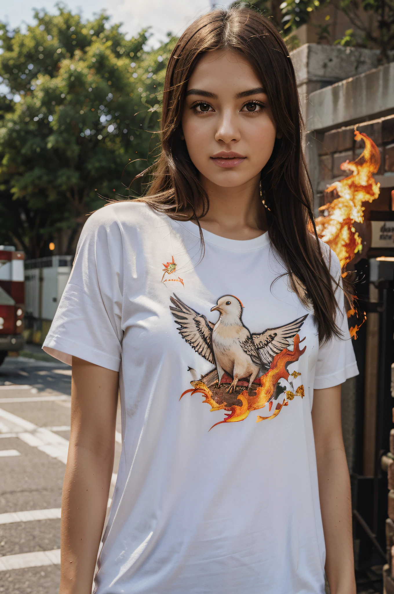 Dove and fire, print on shirt