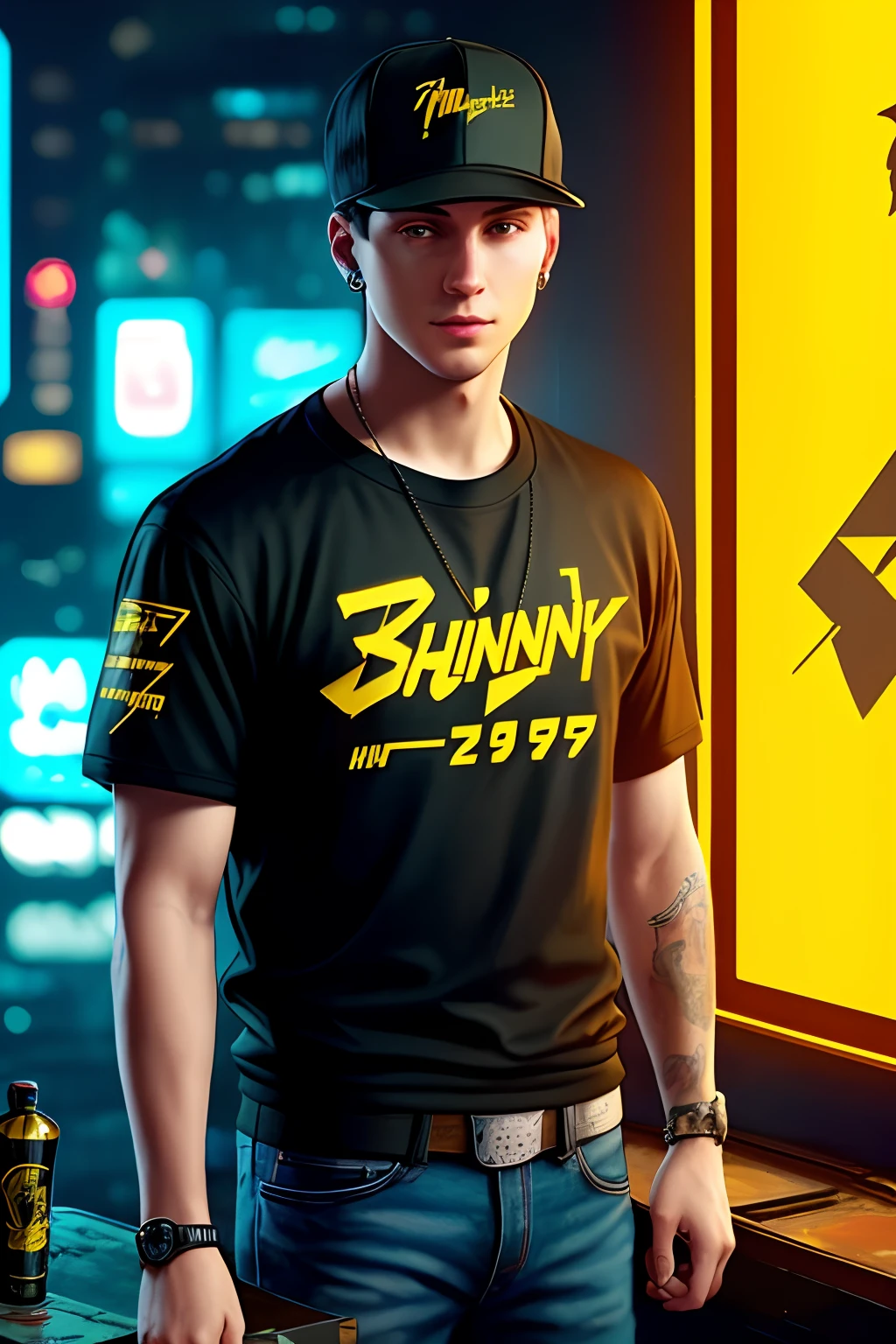 A young man with cap, black shirt, a painting of a  Bill Clinton, background, style of cyberpunk 2077, band of gold round his breasts