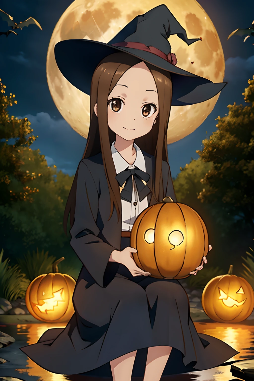 (Realistic),(Photorealistic),Takagi_San, 1girl in, Long hair,((Witch's attire)), Black pointy hat，Brown hair, Part bangs, Brown eyes, black robes，Long sleeves, Smile, Looking at Viewer,(（Sit on a broom in the air)）, masutepiece,Full body,Witch Cosplay， Best Quality, the Extremely Detailed CG Unity 8K Wallpapers,Smile,natta，((Big full moon in the background)),(Lots of jack lanterns), A flock of small bats in flight，Halloween，Fantasy, breezing， magic sparks,