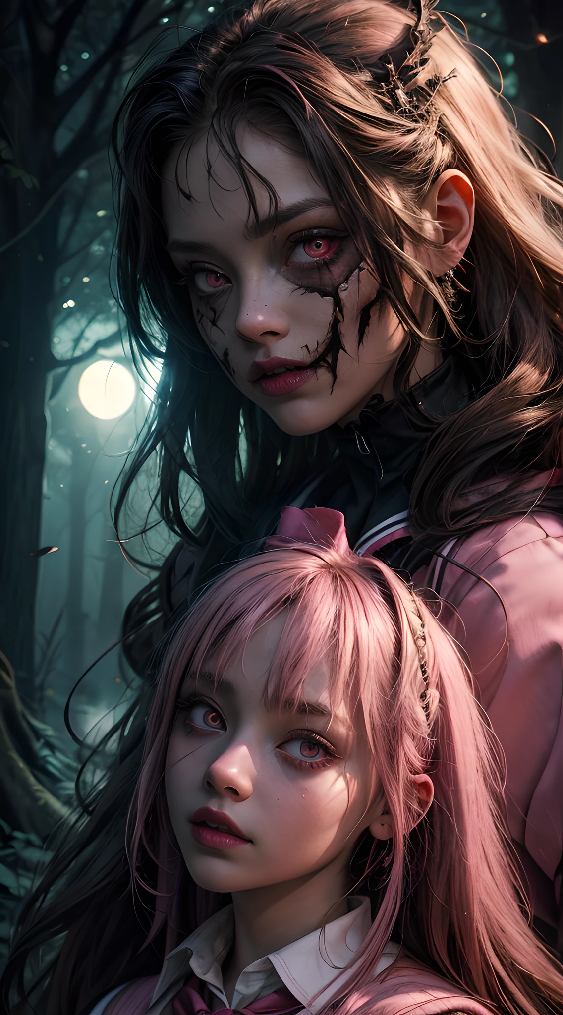 creepy girl, (pink school uniform:1.4), spooky woods, lost in dark wood, (at night:1.2), monsters, glowing eyes, (flawless skin:1.2), DarkWoodsStyle