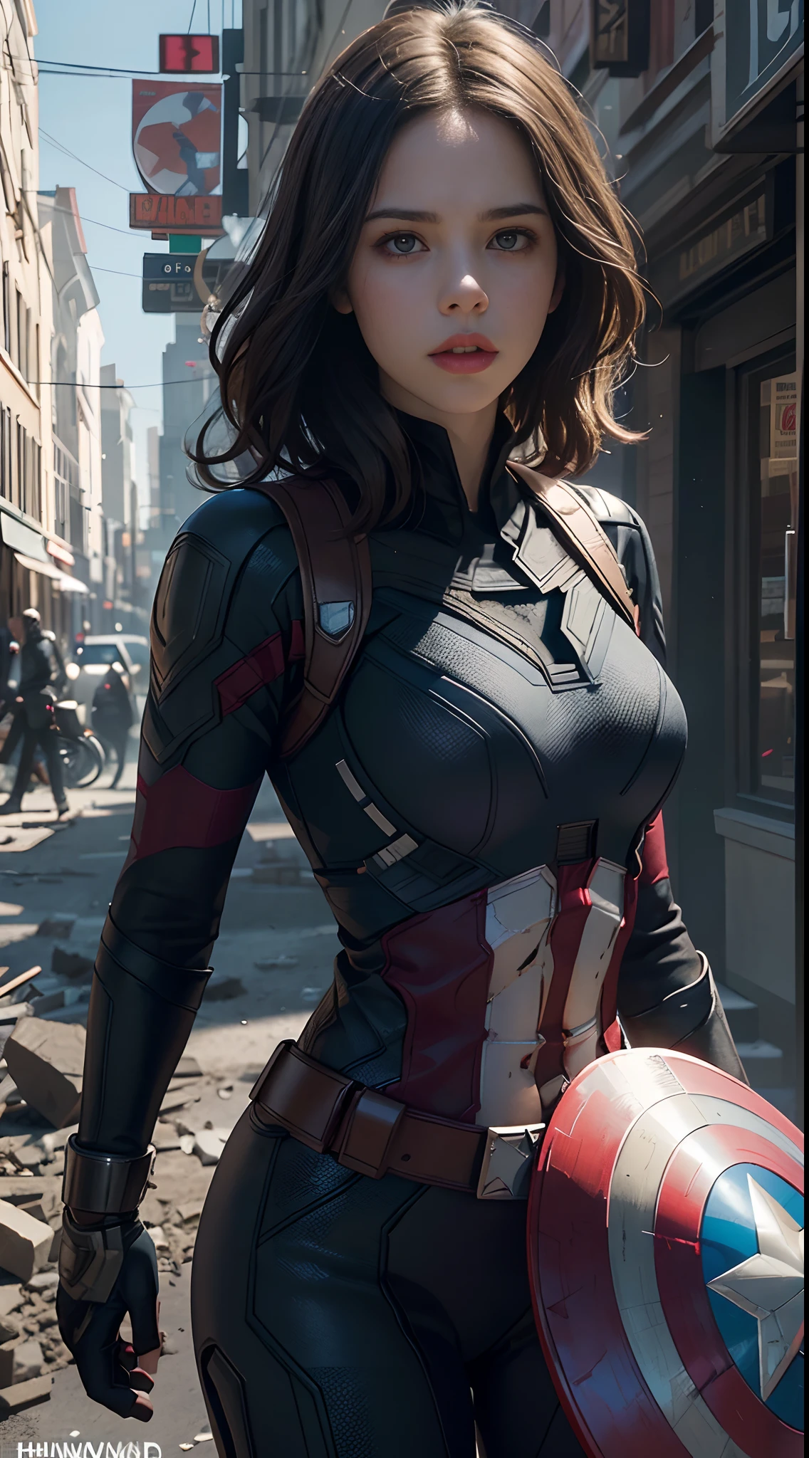 1girl,  Haley atwell as Captain America (from MCU), ((wearing Captain America suit)),  look at viewer, dynamic pose, (random angles), (masterpiece, best quality, detailed cloth texture, beautiful detailed face, intricate details, ultra detailed),  curly black hair, short hair, crumbling debris,epic battle,shattered glass,flying debris,studio lighting,colorful comic book style,superhero action,shadow and light interplay,contrasting colors,emotive art style, (Best quality, A high resolution, Photorealistic, primitive, 8K, ),Best quality, Masterpiec8K.hdr. High ribs:1.2, filmgrain, Blur bokeh:1.2, Lens flare, (vivd colour:1.2), (Delicate),