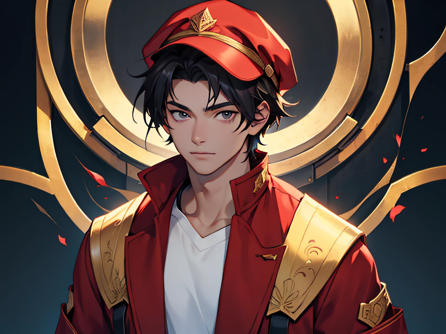 Young man in a red hat！！、short-haired、A dark-haired、an animated character!!、high-level image quality!!, High quality backgrounds!!, Upper body portrait!!,8k!