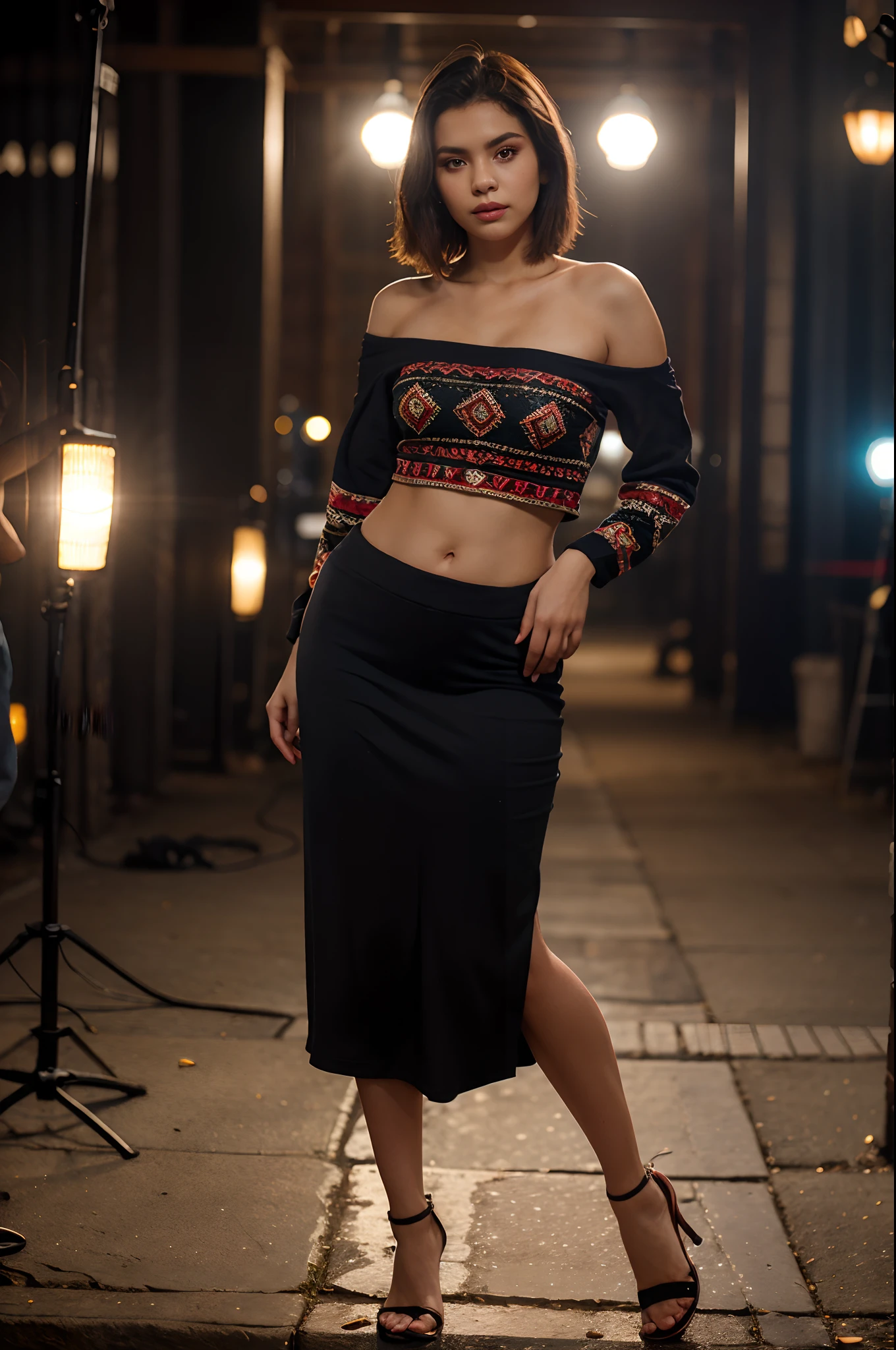 a woman wear a line of clothing inspired by different world cultures, bokeh,  background, dramatic lighting, Over-the-Shoulder Look poses, full body shoot