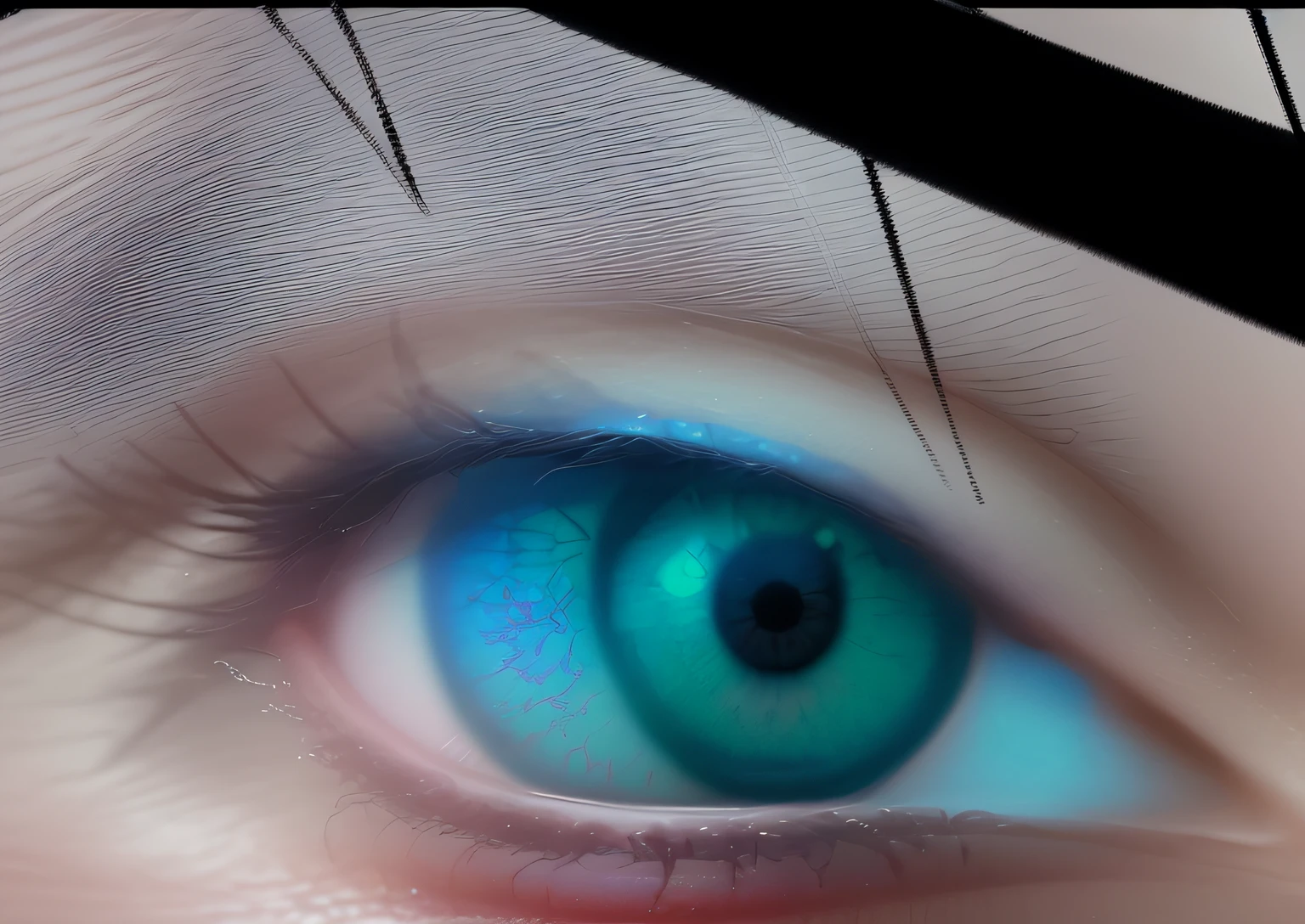 olho com um olho preto e um olho rosa, grandes olhos inclinados para baixo, posicionamento correto dos olhos, nenhuma mancha sobre o olho direito, terceiro olho no meio da testa, ponto laser entre os olhos, Olhos enormes inclinados para baixo, terceiro olho no meio da testa, Various eyelid positions, Eyelids, branco ao redor do olho direito, pele clara com tons rosados, olho de mulher, olho bonito, imagem de alta qualidade, imagem nitida de alta qualidade, nitidez de imagem de olho, imagem com nitidez perfeita de alta qualidade 4k ultra, melhor qualidade de imagem, super nitido, (((imagem nitida)))