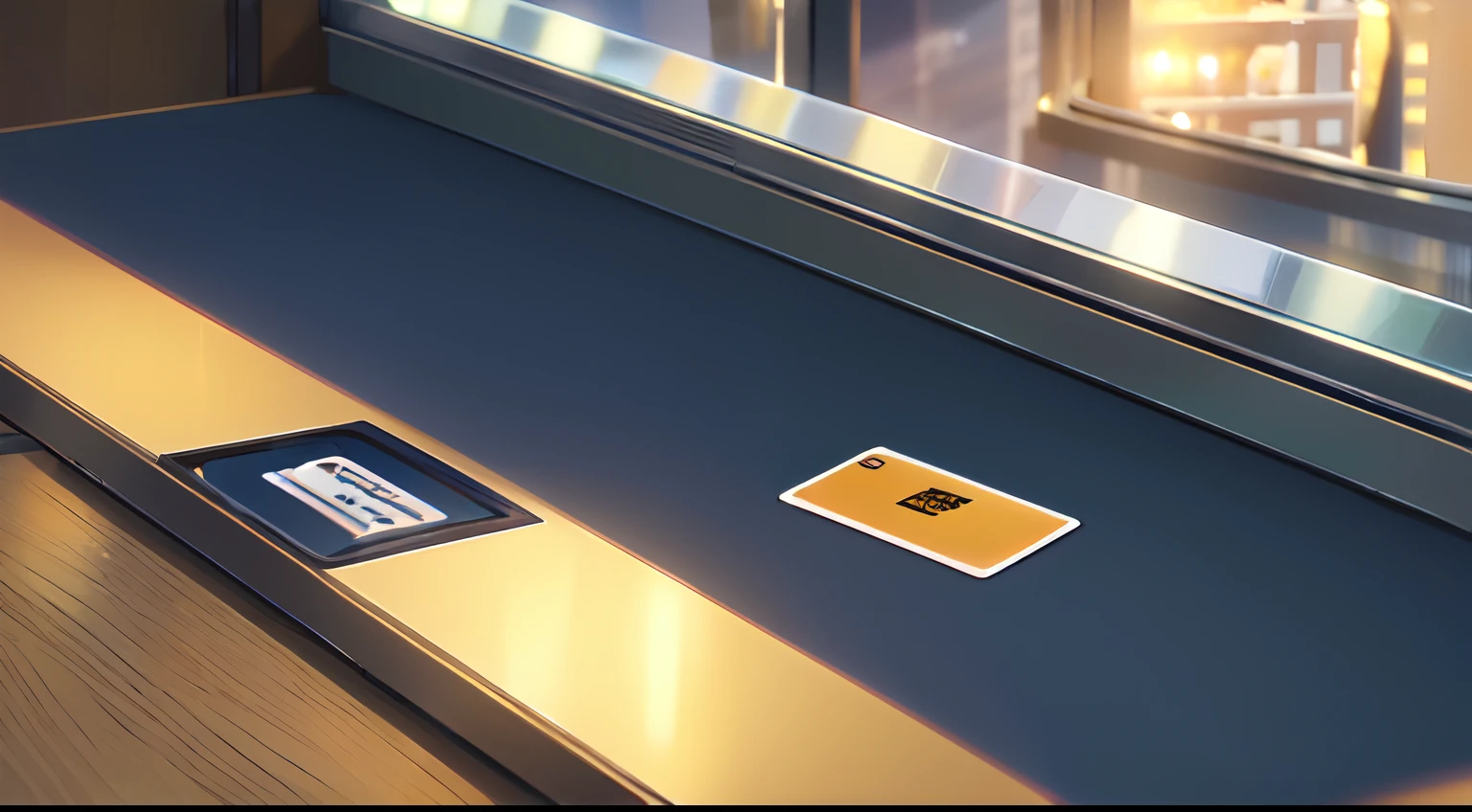 Masterpiece, best quality, yellow credit card, 💳, table, window, night, close up view, SHINKAI MAKOTO