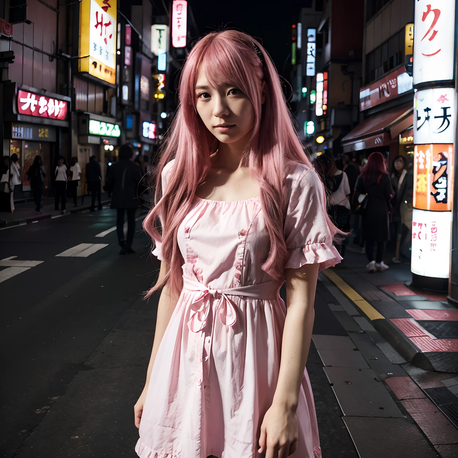 Tokyo, Kabukicho, long hair fluttering in the wind, pink hair, high definition, dress