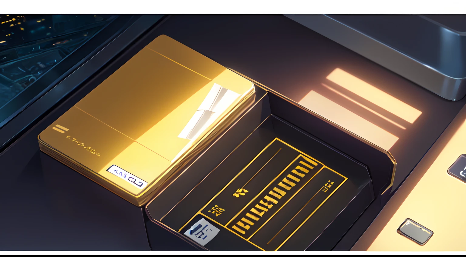 Masterpiece, best quality, yellow credit card, 💳, table, window, night, close up view, SHINKAI MAKOTO