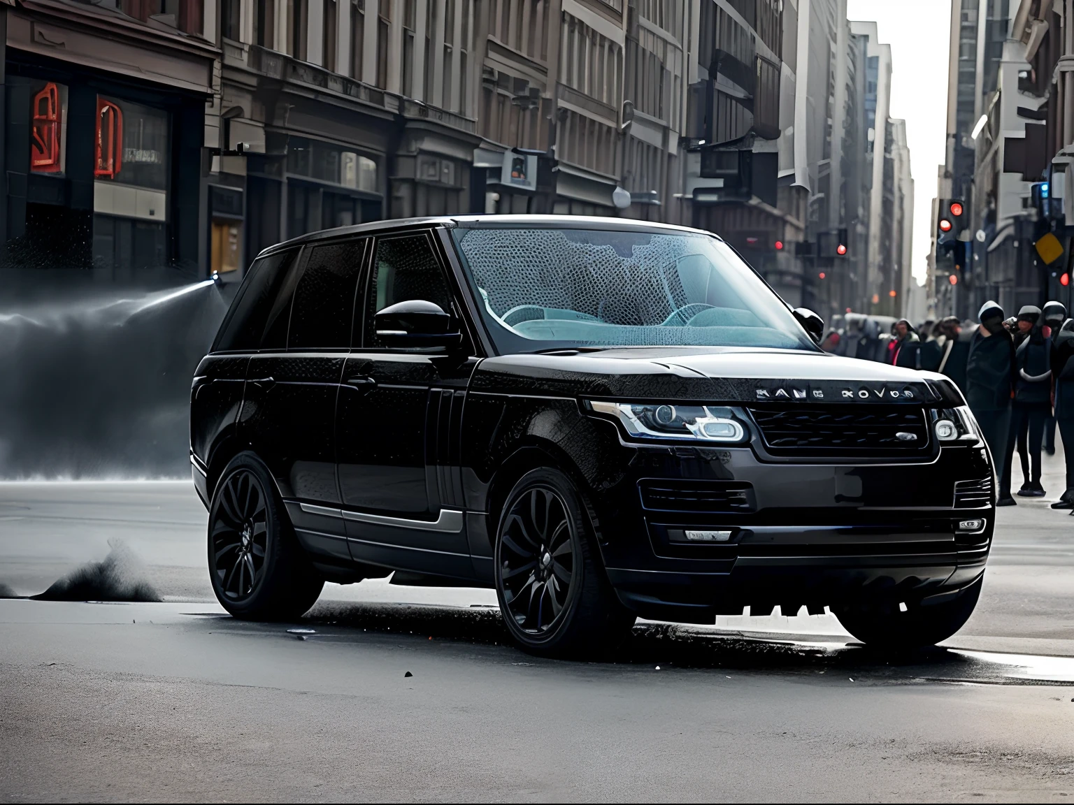 (In the foreground, a range rover with a dented front bumper parked at angle in the middle of the street in a city. A crowd of black silhouetted people are watching the background.), ((skid marks on the street)), ((black silhouetted people))