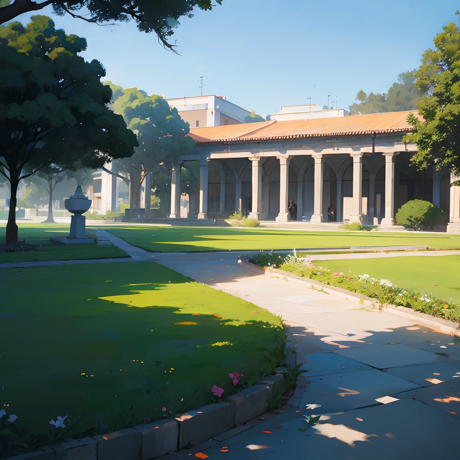 Campus de faculdade, com jardins, grama baixa. Luxuosa.