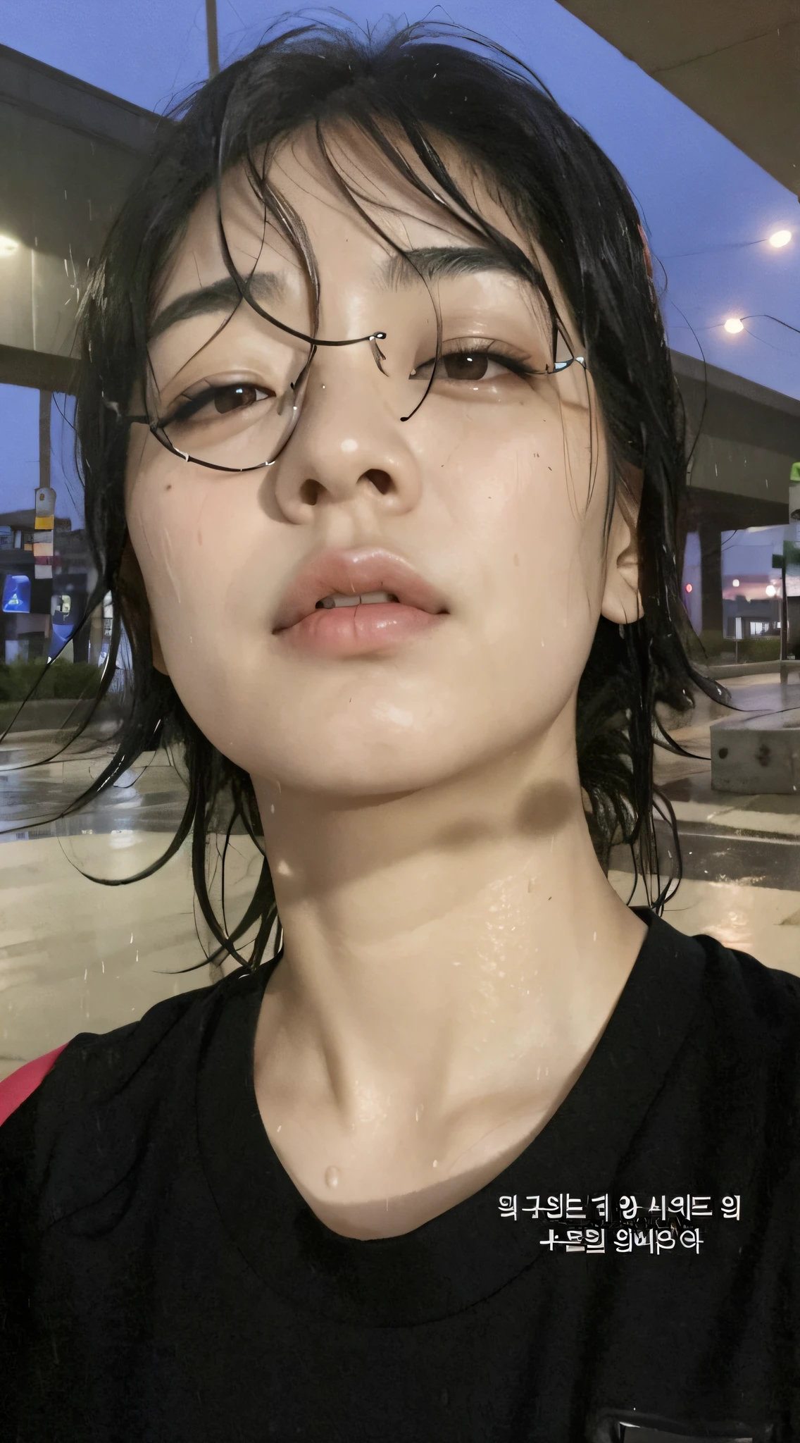 Arafed asian woman with wet hair and glasses standing in front of a building, Brillante por la lluvia, su cara enrojecida y sudor, sweating heavily, wet face, Cara sudorosa, cabello mojado, Taejune Kim, Muy sudoroso, Gotas de lluvia en la cara, Imagen de perfil, sweating profusely, Jin Kim, Seseon Yoon, sweating