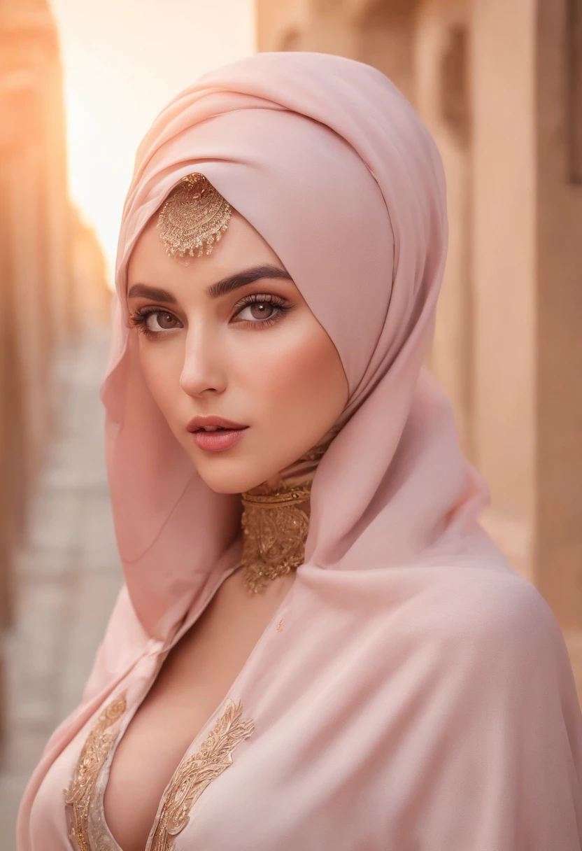 8k, RAW photo, best quality, masterpiece:1.2),(realistic, photo-realistic:1.37),sunset,soft light,"photo of a Beauty Arabic women with Huge boob,hijab, extremely beautiful face,bust,Random hairstyle,,Naughty expression,pigsney, adult content,nsfw,cleavage