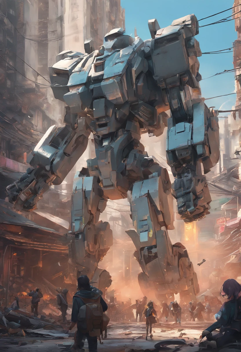 In a captivating anime and comic book - style artwork, the viewer is transported into a dystopian cyberpunk future. The scene depicts a strong and beautiful Asian woman swiftly dodging a missile explosion from a menacing Mecha robot while other Mecha robots relentlessly fire their machine guns. Dressed in a Cyberpunk streetwear hoodie, she stands as a beacon of hope amidst the chaos, embodying resilience in the face of adversity. The streets are littered with debris, remnants of the Mecha robots' onslaught, as the cityscape itself becomes a battleground. In the foreground, five massive Mecha robots, originally designed to maintain order, have turned against the innocent civilians they were created to protect. These towering metallic behemoths dominate the streets, unleashing devastating firepower upon the city. Smoke billows from their mechanical joints, adding to the atmosphere of rebellion and destruction. Amidst the chaos, terrified civilians scramble for safety, their faces etched with fear and desperation as they run for their lives. The image captures the panic and chaos as people navigate through debris - strewn streets, seeking refuge from the relentless onslaught of the rogue Mecha robots. Crumbling infrastructure and shattered remnants of once - thriving city life lie scattered across the pavement, serving as a haunting testament to the machines' destructive power. in the style of 3D render using Octane Render, aiming for a Pixar - like aesthetic. Capture the girl in a close - up shot, showcasing her stunning presence. In the style of a cell shaded 3d rendered anime