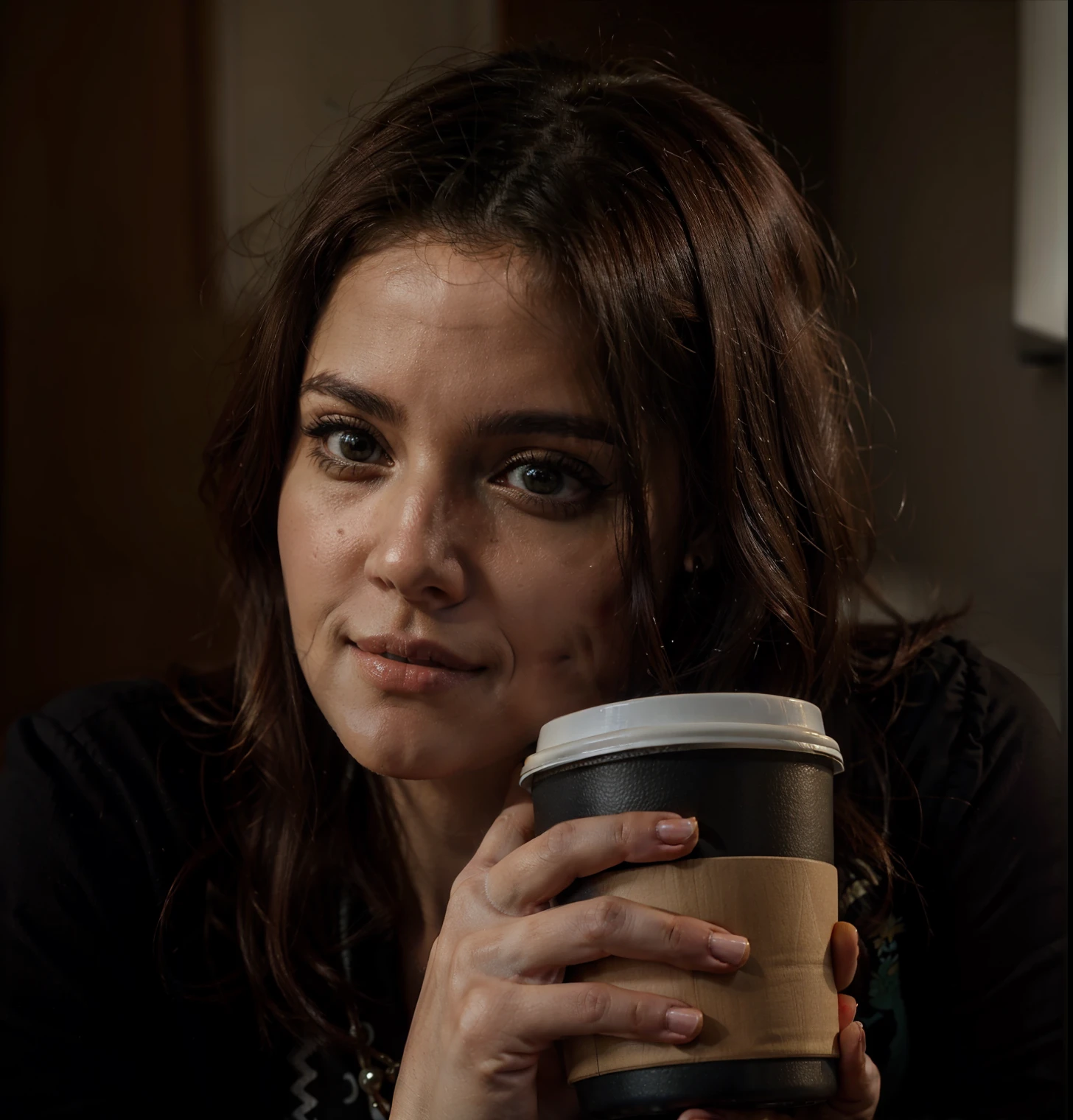 Araffe woman holding a cup of coffee and looking at the camera, promo ainda, & her expression is solemn, mas um olhar severo sobre ela, she has a distant expression, promocional ainda, mean smirk, Sófia Carson, ela tem um rosto expressivo bonito, menacing stare, smug smirk, Fim ainda, {olhar incerto}, her gaze is downcast