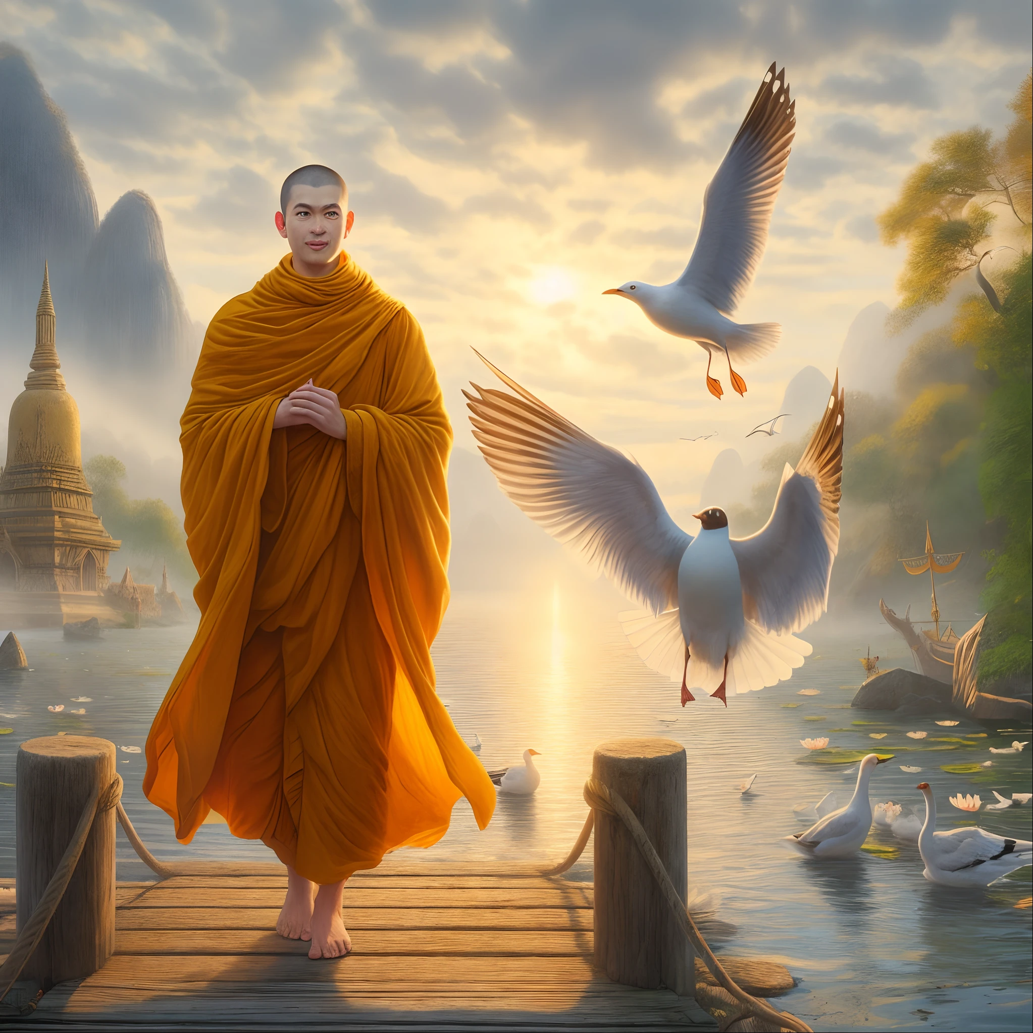 arafed monk walking on a pier with seagulls flying around, buddhist monk, monk meditate, monk, by Ma Quan, on path to enlightenment, buddhism, buddhist, by John La Gatta, by Johfra Bosschart, monk clothes, on the path to enlightenment, concept art of a monk, portrait of monk, 2 1 st century monk, buddhist monk meditating