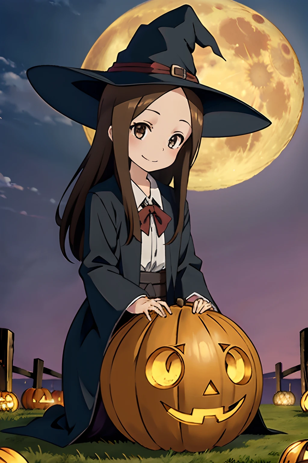(Realistic),(Photorealistic),Takagi_San, 1girl in, Long hair,((Witch's attire)), Black pointy hat,Brown hair, Part bangs, Brown eyes, black robes,Long sleeves, Smile, Looking at Viewer,((Sit on a broom in the air)), masutepiece,Full body,Witch Cosplay, Best Quality, the Extremely Detailed CG Unity 8K Wallpapers,Smile,natta,((Big full moon in the background)),(Lots of jack lanterns), A flock of small bats in flight,Halloween,Fantasy, breezing, magic sparks,