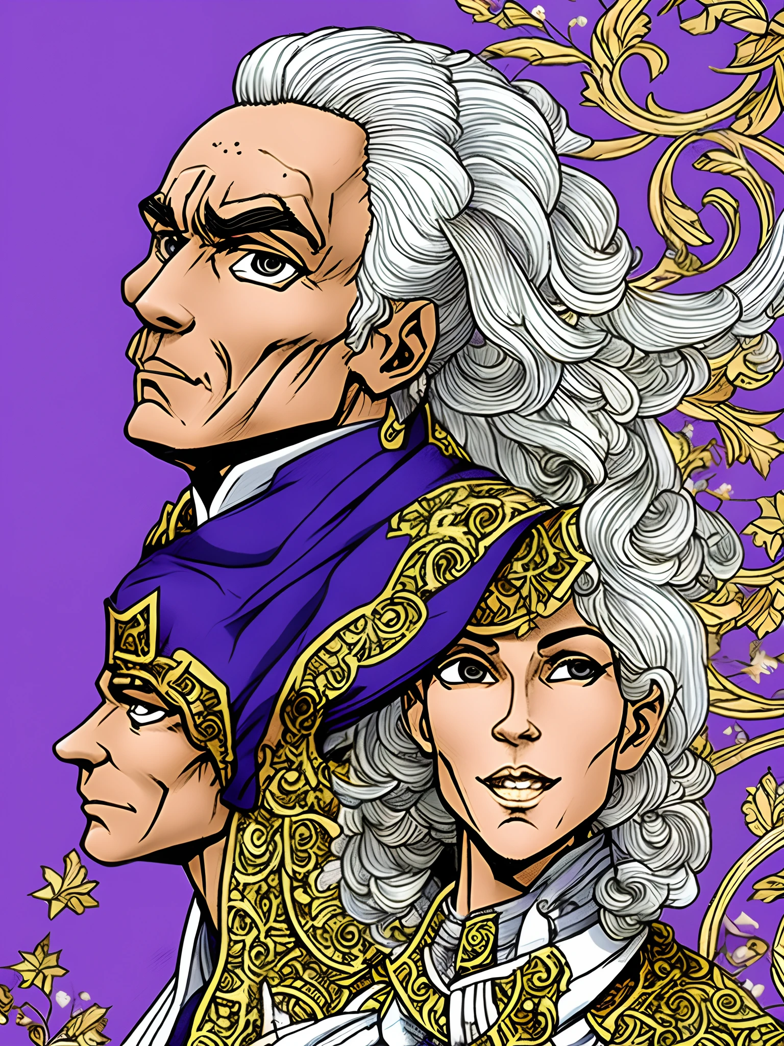 Pucci is a dark-skinned man with short white hair. He wears a purple priest's gown with gold highlights and motifs. After fusing with the Green Baby in his "New Moon" appearance, his hair grows longer into three ponytails, and it extends onto his forehead to make a star shape.
