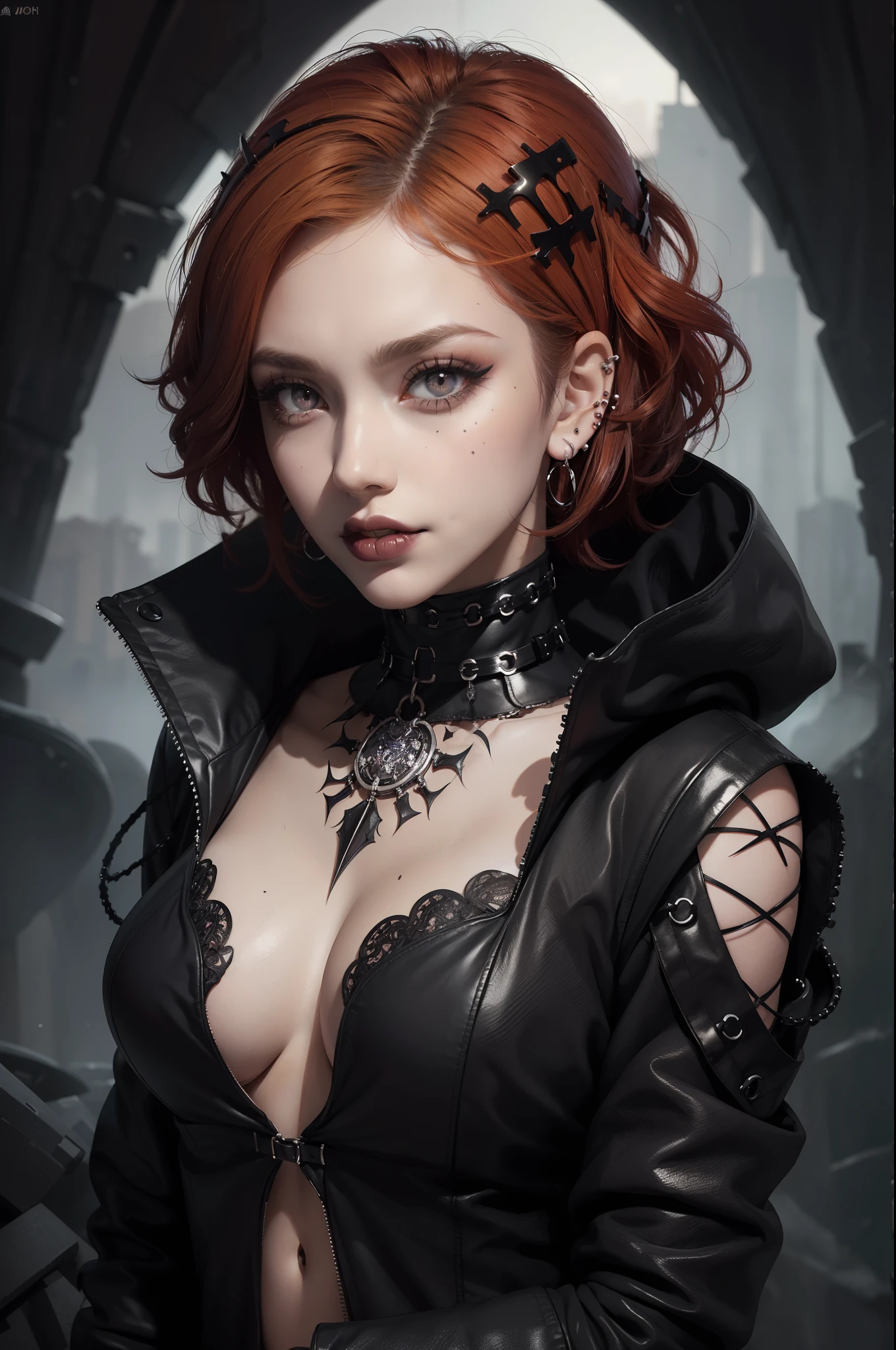 concept art, a woman with short curly orange hair, (with makeup and piercings), bubble goth makeup, black makeup, gothic girl face, goth makeup, pale goth beauty, (detailed glowing brown eyes), faint smile dark lipstick, emo makeup, dark makeup, gothic makeup, dreamy gothic girl, black choker, beautiful pale makeup, gothic eyeliner, dark goth queen with brown eyes, black eye makeup, sadistic smile, equirectangular 360, Highres,  [(art by Willi Baumeister:1.1), (art by John T. Biggers:1.2)::17], official art, unity 8k wallpaper, ultra detailed, aesthetic, masterpiece, best quality, photorealistic
