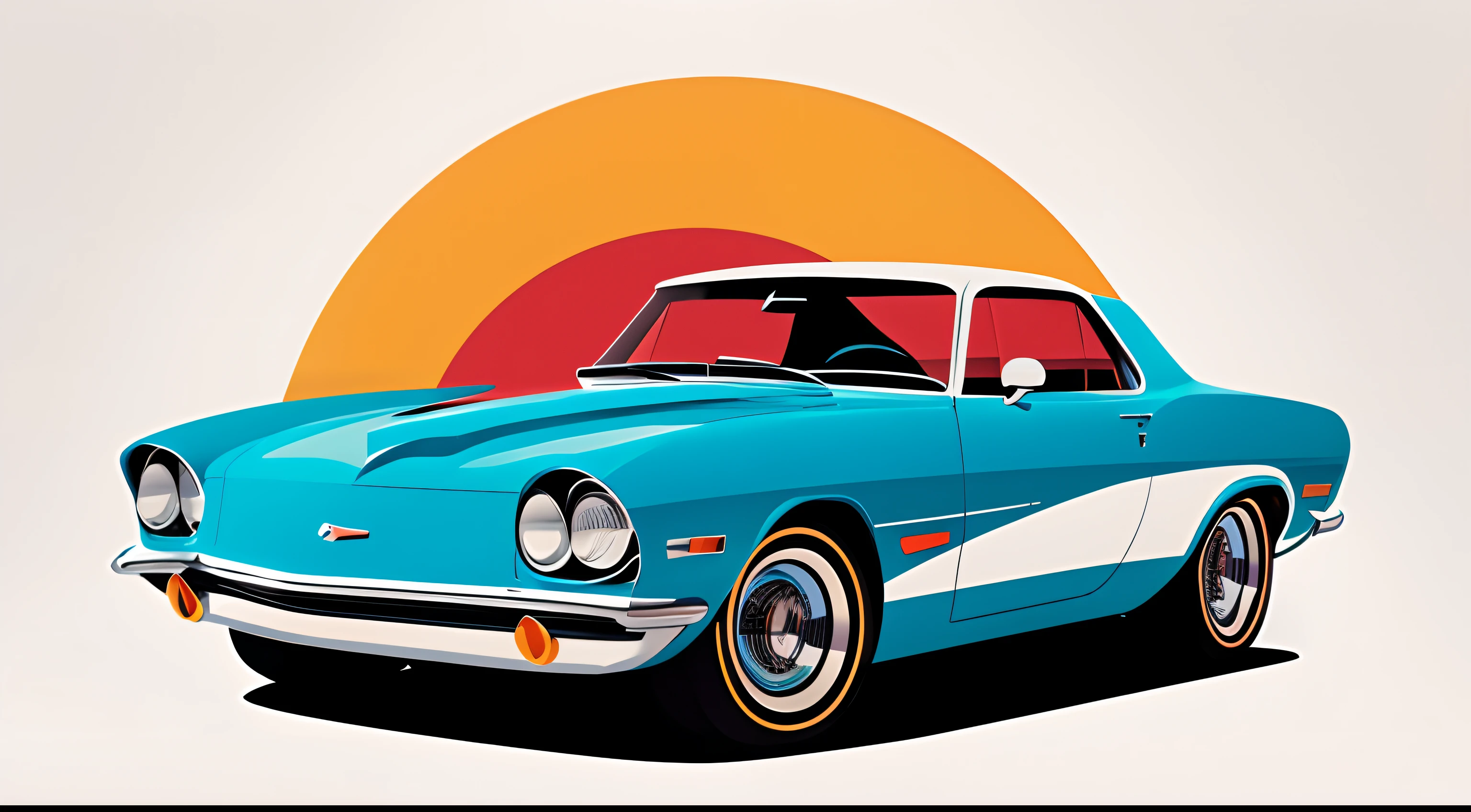 artwork of t-shirt graphic design, flat design of one retro, retro car, colourful shades, highly detailed clean, vector image, photorealistic masterpiece, professional photography, simple sunrise backdrop, flat white background, isometric, vibrant vector ((white background))