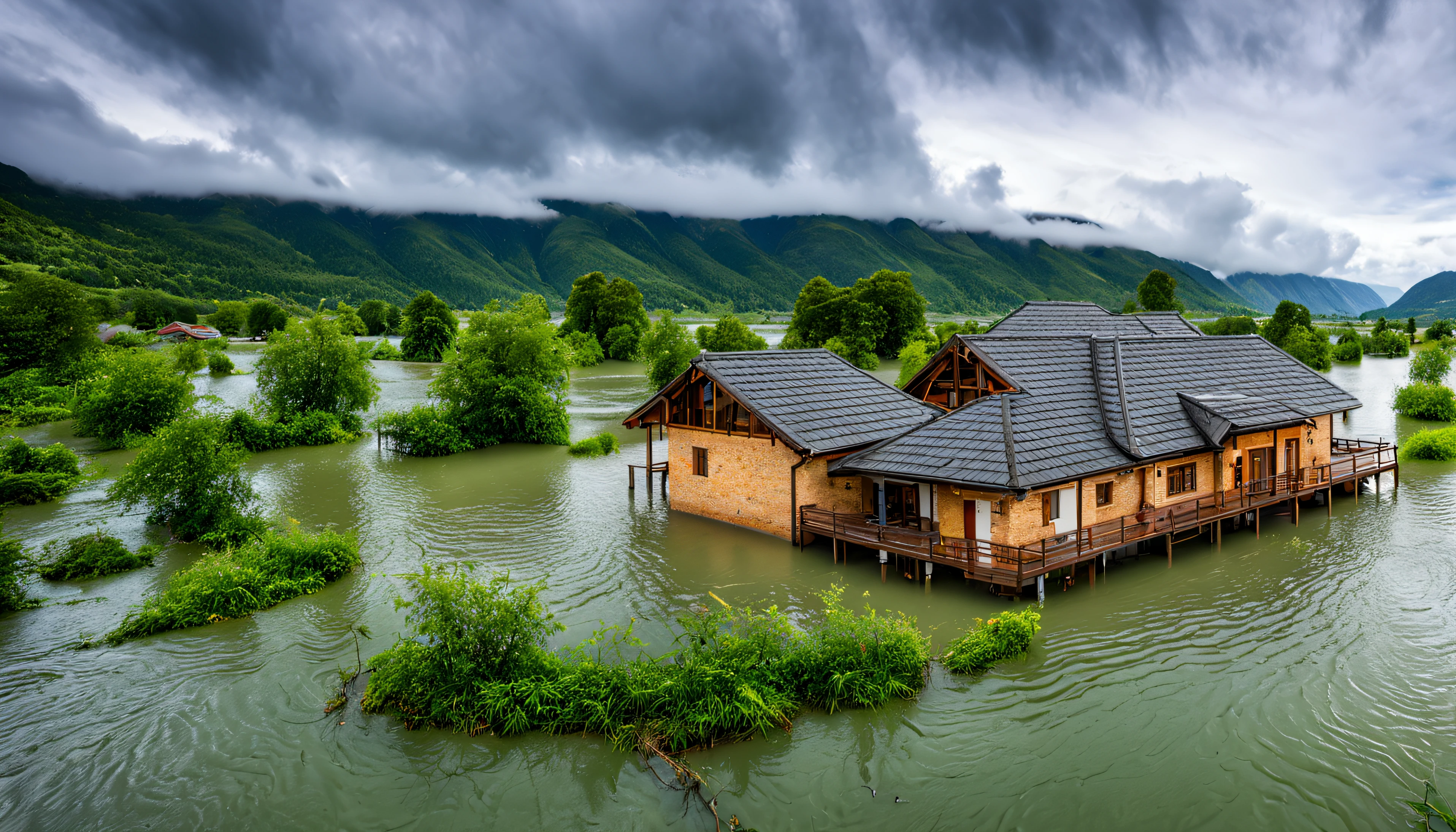 a very high water damp switchgate, lower village flooded with water, green mountains at far side, heavily raining in village, highly detailed, masterpiece, daylight, cloudy sky