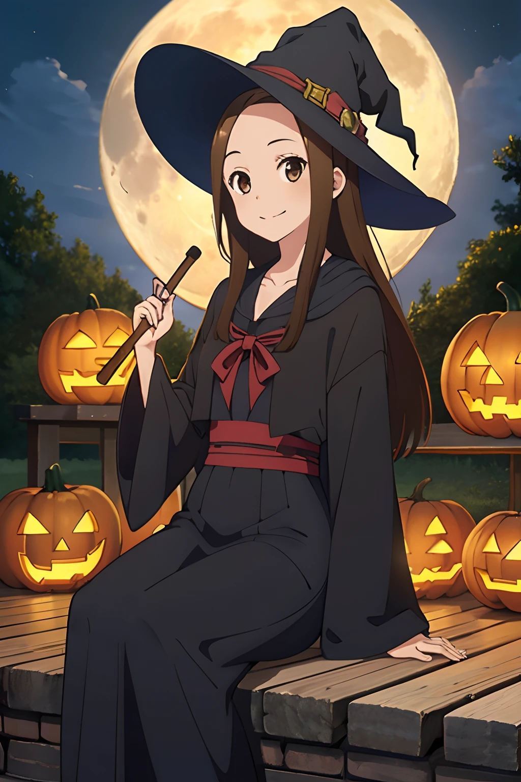 (Realistic),(Photorealistic),Takagi_San, 1girl in, Long hair,((Witch's attire)), Black pointy hat,Brown hair, Part bangs, Brown eyes, black robes,Long sleeves, Smile, Looking at Viewer,((Sit on a broom in the air)), masutepiece,Full body,Witch Cosplay, Best Quality, the Extremely Detailed CG Unity 8K Wallpapers,Smile,natta,((Big full moon in the background)),(Jack Lantern), Jack Lantern Lighting,Flying bats,Halloween,Fantasy, breezing, magic sparks,