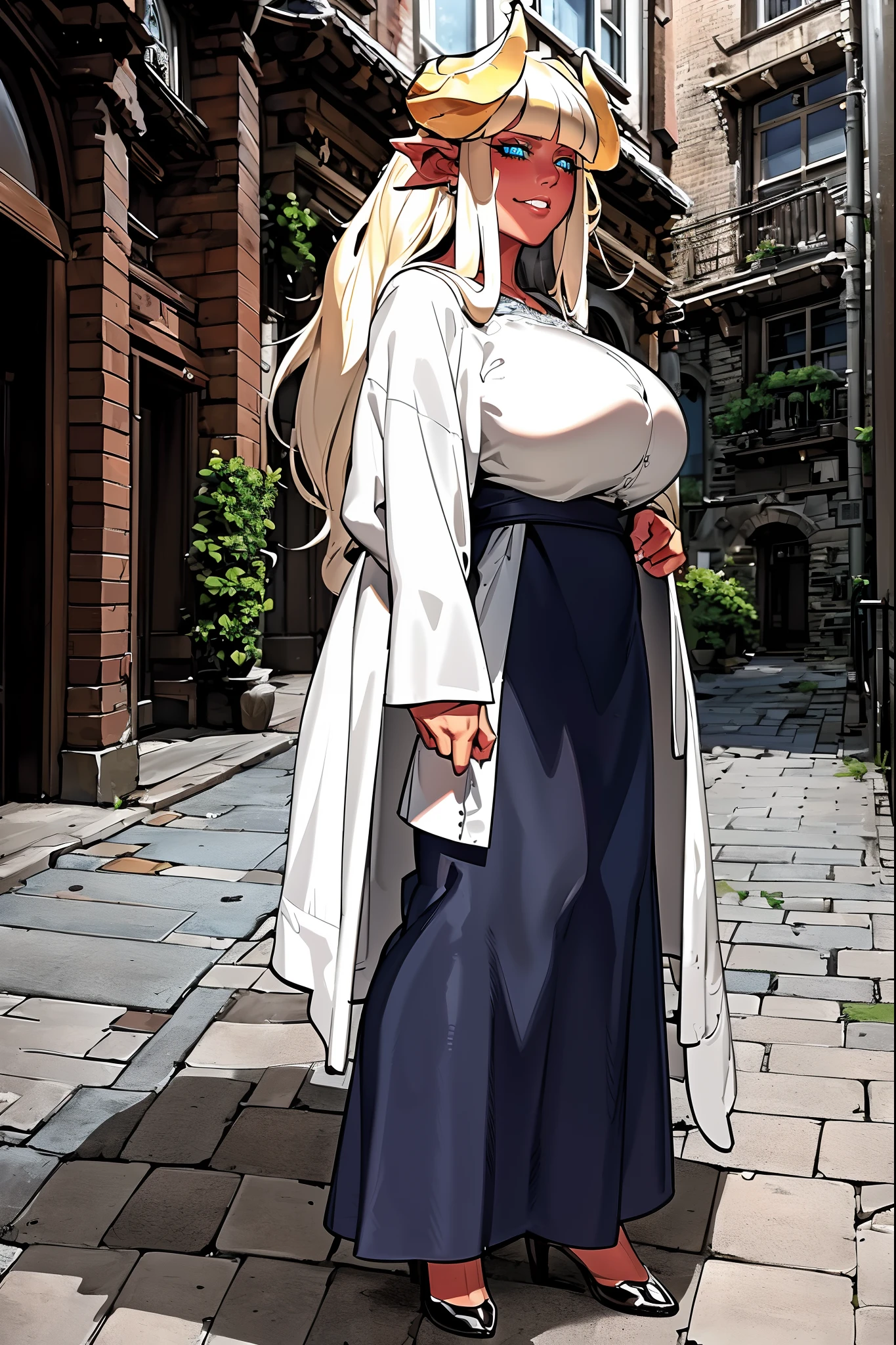 (masterpiece, best quality:1.2), 1girl, (adult:1.2), solo, standing, face focus, cinematic shot, lyla, white hair, long hair, blunt bangs, horns, (black sclera, colored sclera, blue eyes:1.2), looking at viewer, red skin, white shirt, huge breasts, full body,woman-medieval-clothes, robe, dress, longskirt