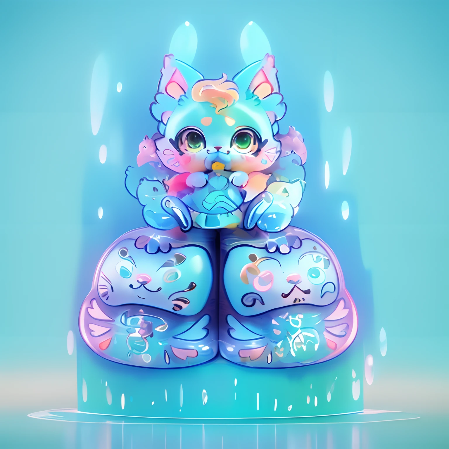 There is a painting,A cat sits on a twin dam, Cute kitten, Kawaii cat, Cute detailed digital art, cute colorful adorable, blindbox, lovely art style, anime cat, cute artwork, cat seahorse fursona, cute detailed artwork, low res, Detailed fanart, Marine color scheme,Beautiful sea world in the background, 3D model, cute character, adorable creature