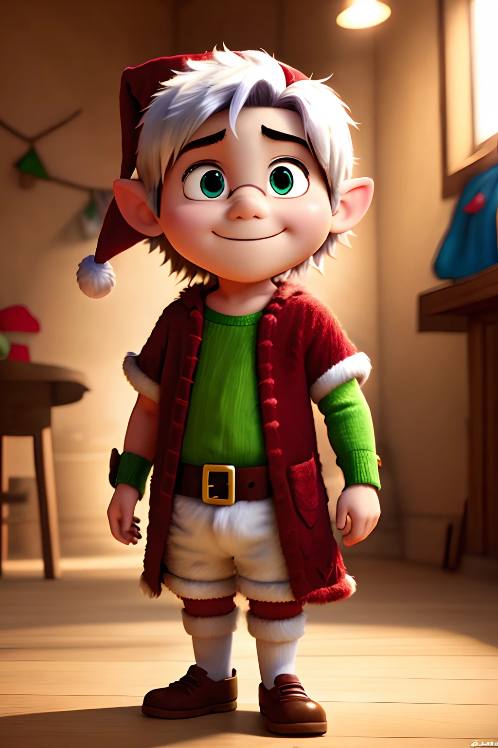 create an anime cartoon of a young elf Santa's helper in pixar style with his arms raised