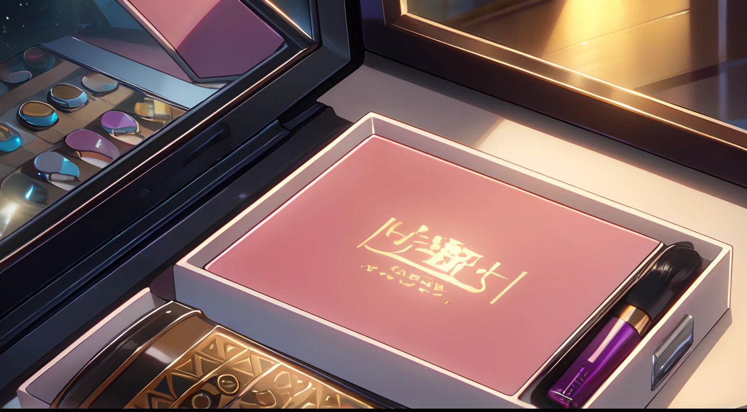 Masterpiece, best quality, nail polish bottle , make up powder, luxury, table, window, night, close up view, SHINKAI MAKOTO
