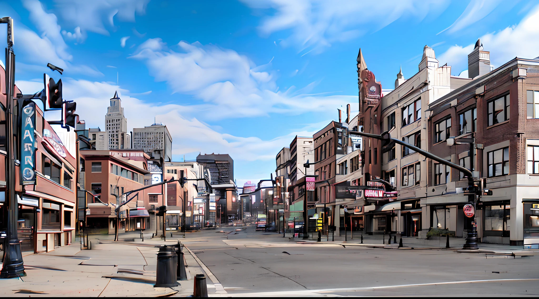 There is a street with many buildings and a traffic light, Photograph of the city street, Paisaje urbano de la ciudad, Sabana, Rhode Island, Boston, Distrito de entretenimiento, buffalo, Super wide view of a cityscape, Broadway, centro, K, Vista a nivel de calle, Cleveland, Memphis, foto comercial, Tiro ultra gran angular, Boston, Massachusetts, Vista completa, mezclar, ambiente tenebroso, With lights on strange buildings, estilo gotico
