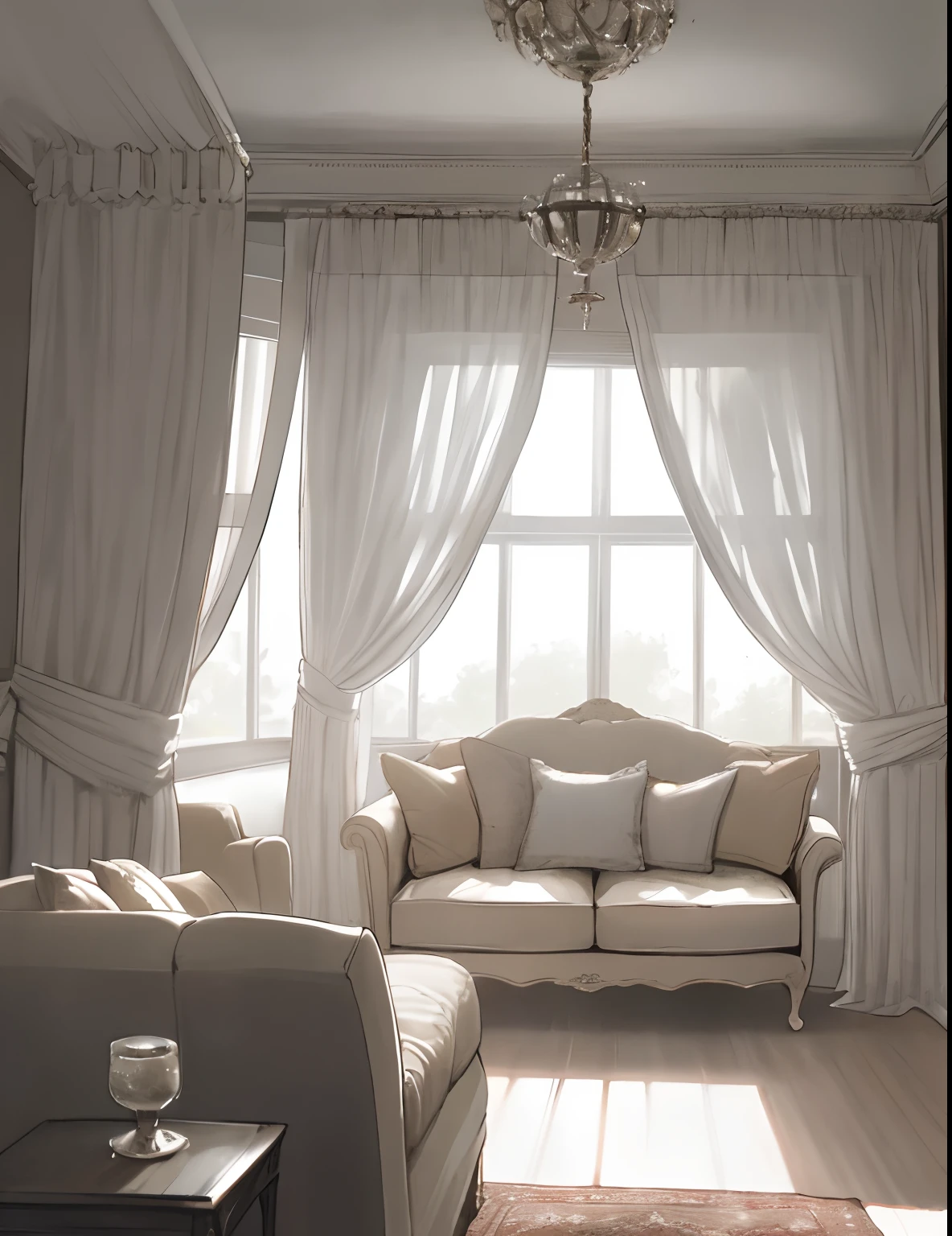 arafed view of a living room with a ceiling fan and a couch, with backdrop of natural light, curtains, curtain, ethereal curtain, drapes, curtain bangs, comfy ambience, beautiful drapes, background made of big curtains, home photography portrait, sublime-comfy-elegant ambience, award winning interior design, drapery, sublime comforting ambience