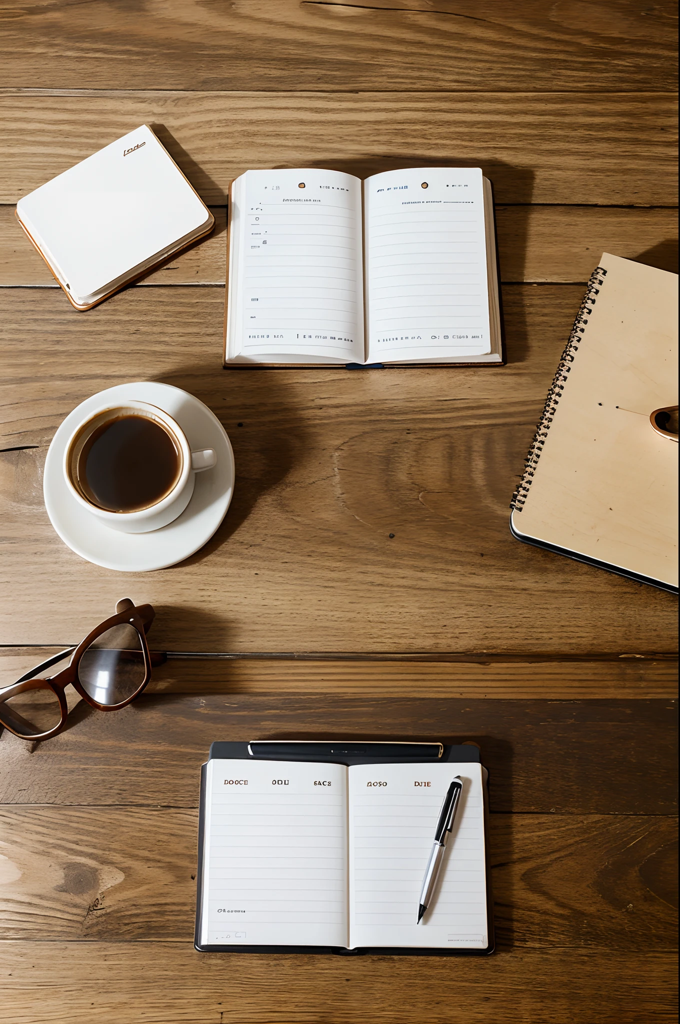 Office desk workplace with coffee cup, notepad and glasses on wooden background. Top view with copy space