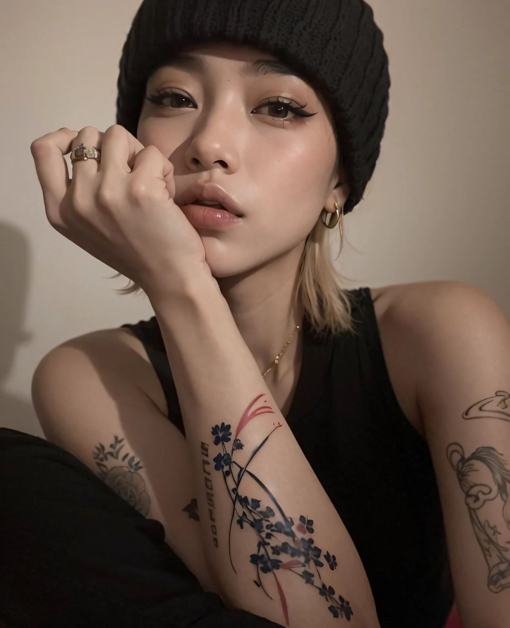 Mujer arafed con un tatuaje en el brazo y un sombrero, de chica taiwanesa con tatuajes, 🤤 girl portrait, estilo de tatuaje, con tatuaje facial, con tatuajes, ulzzang, Entintado, Chica coreana, Semi realismo, Kim Doyoung, Jinyoung Shin, tatuaje completo, Hermosa mujer surcoreana, Taejune Kim, Manga de tatuaje en su brazo derecho