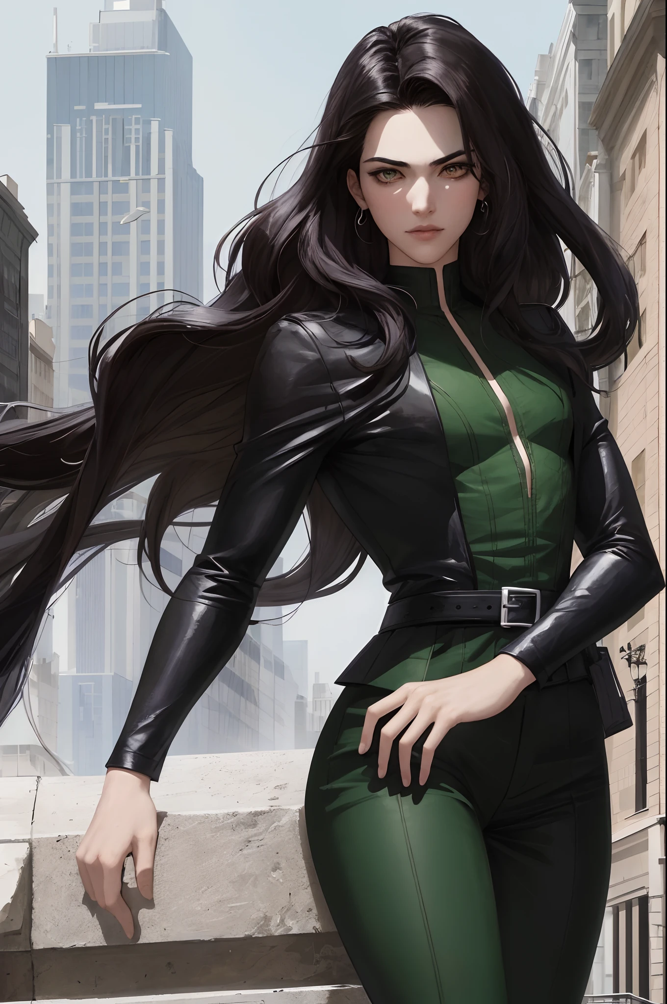 man; French; slender figure; deep, intimidating gaze; brown eyes with dark shadow on eyelid; fox eyes; long black hair in layers; androgynous beauty; wearing Spider-Man costume in black and sage green; white details; webbing; city; tall buildings; manga artwork