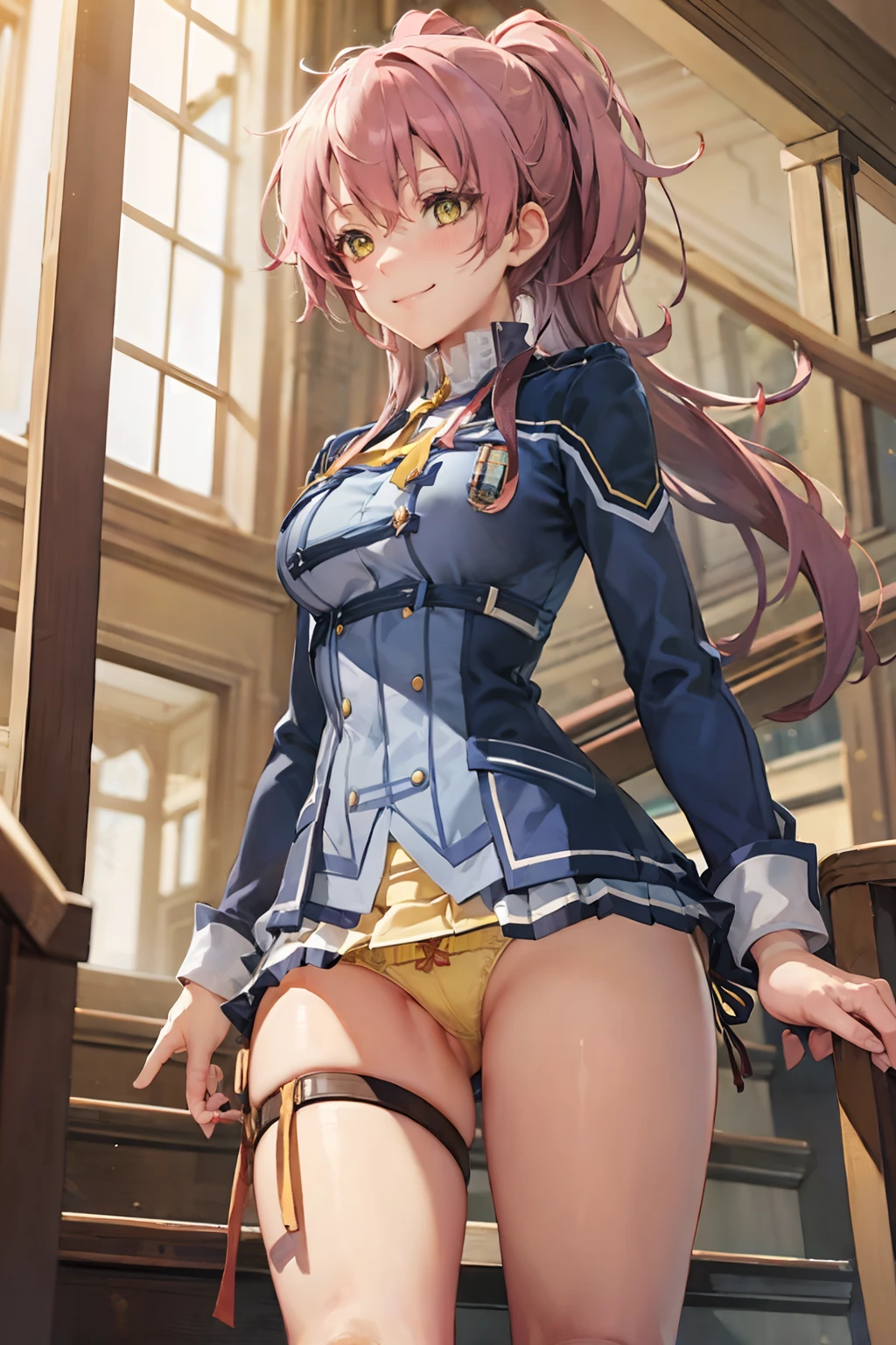 Juna Crawford, (((yellow panties))), A smile, embarrassed from, Adults, stairway, (((Sukesuke panties))), Skirt fluttering in the wind、a blue skirt