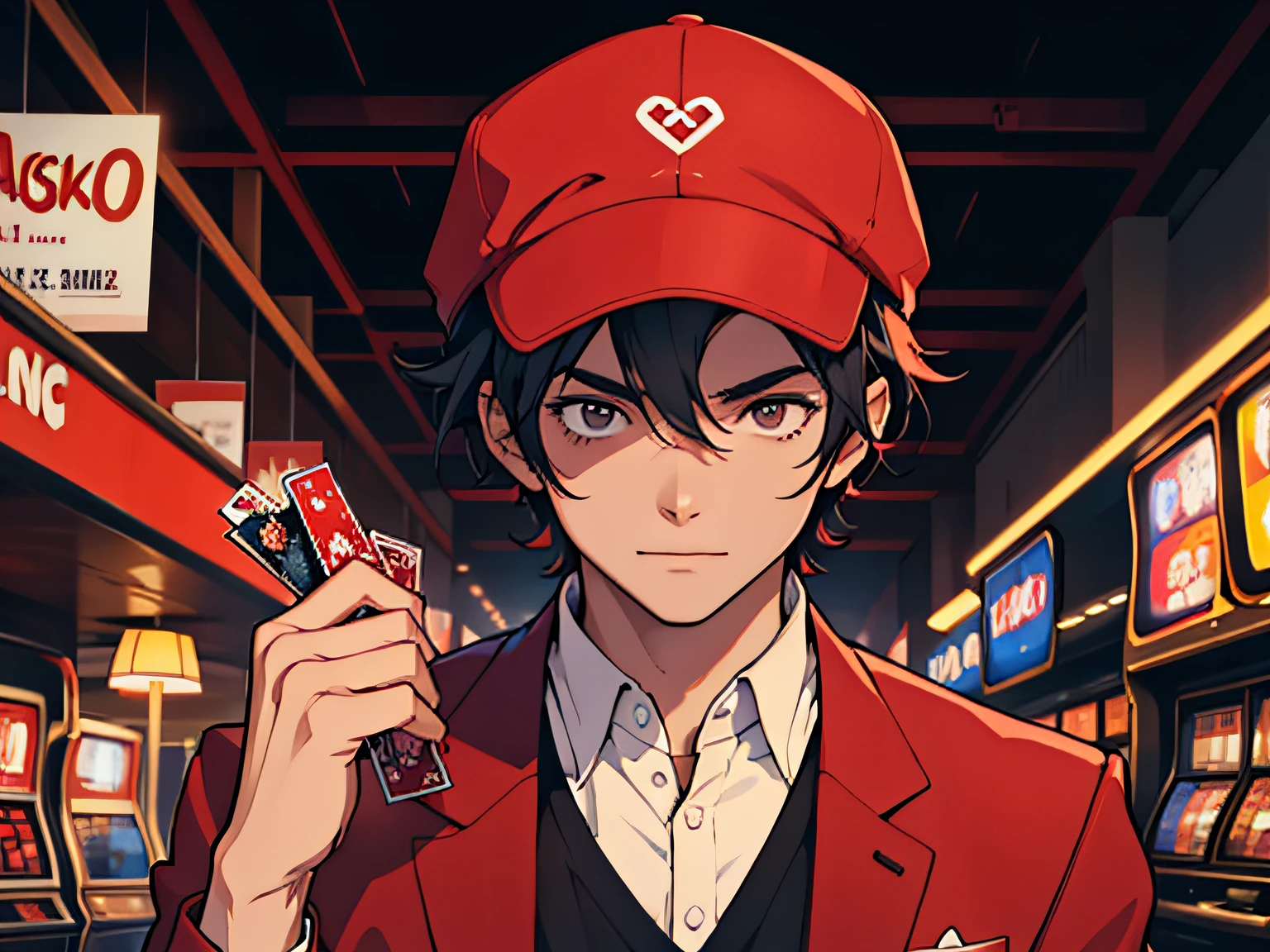 Young man in red hat!!、short-haired、A dark-haired、an animated character!!、high-level image quality!!, high quality background!!, ,in 8K!、casino