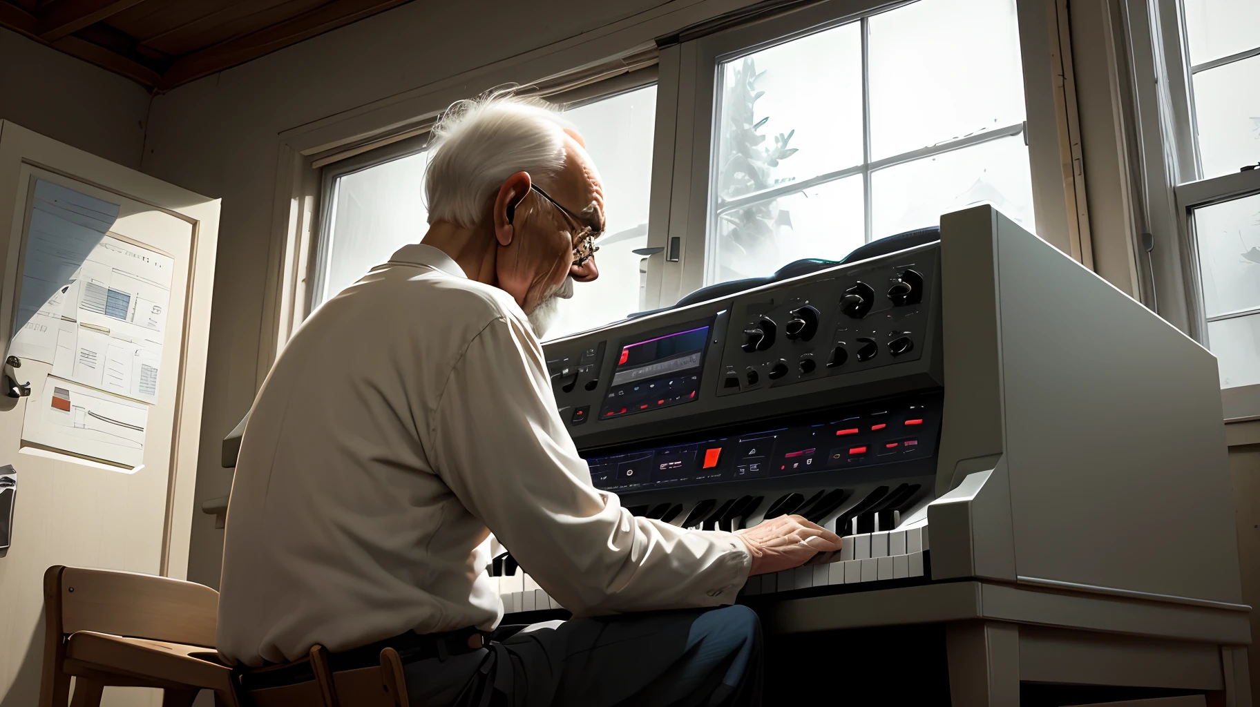 Old man sitting and playing synthesizer keyboard in front of acoustic window (Dramatic mood)