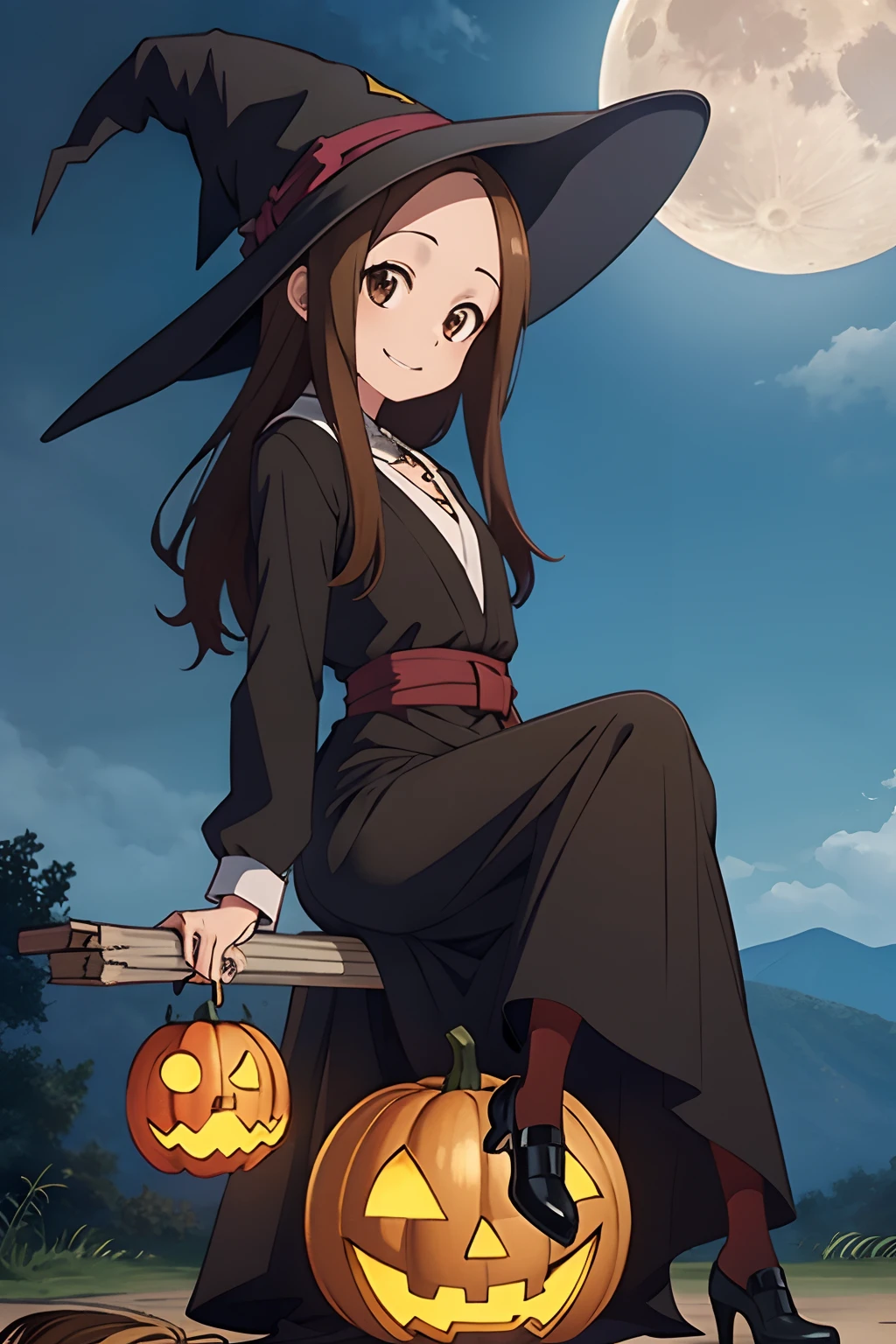 (Realistic),(Photorealistic),Takagi_San, 1girl in, Long hair,((Witch's attire)), Black pointy hat，Brown hair, Part bangs, Brown eyes, black robes，Long sleeves, Smile, Looking at Viewer,(（Sit on a broom in the air)）, masutepiece,Full body,Witch Cosplay， Best Quality, the Extremely Detailed CG Unity 8K Wallpapers,Smile,natta，((Big full moon in the background)),(Jack Lantern), Jack Lantern Lighting，Flying bats，Halloween，Fantasy, breezing， magic sparks,