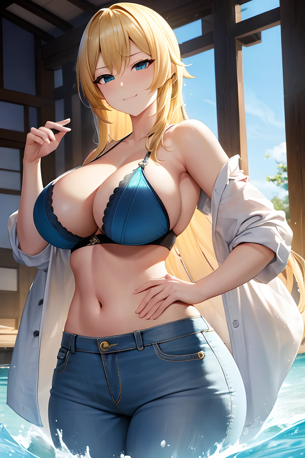 jean from genshin impact, blonde hair, naked, cyan bra, cyan thong, big boobs, big ass, big thighs, smug face, hot, sexy, busty,