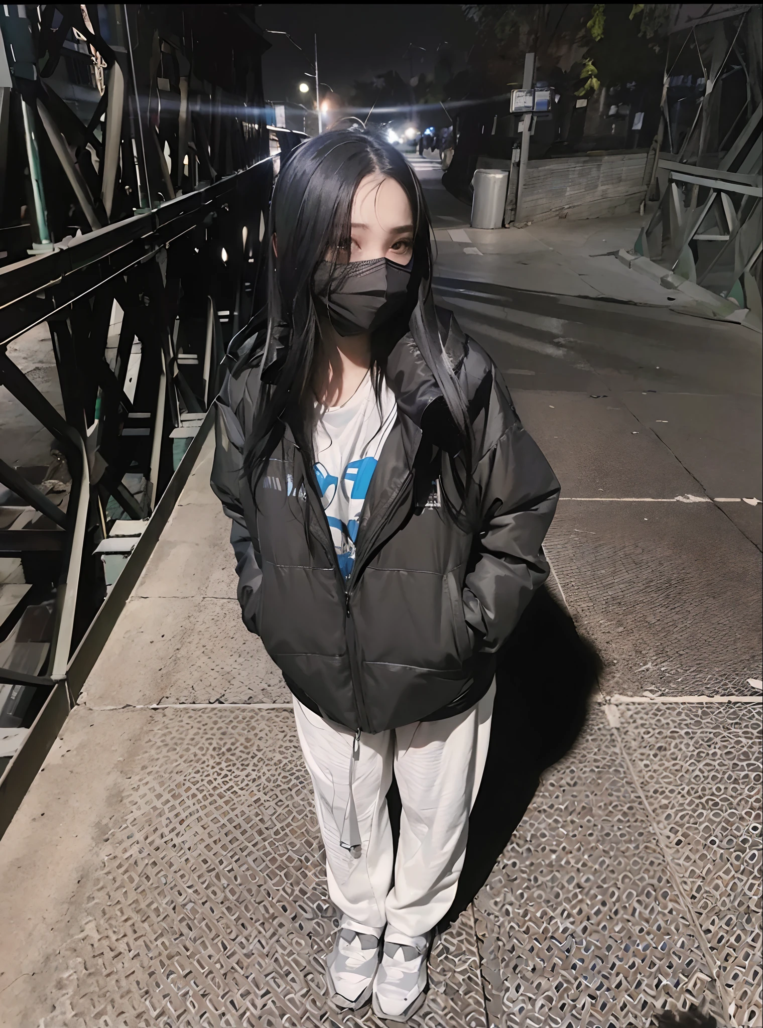 arafed woman wearing a mask standing on a bridge, photograph of a techwear woman, wearing urban techwear, she is wearing streetwear, wearing cyberpunk streetwear, wearing space techwear, wearing japanese techwear, woman in streetwear, wearing all black mempo mask, billie eilish, techwear look and clothes, wearing a fisher 🧥, dark. no text
