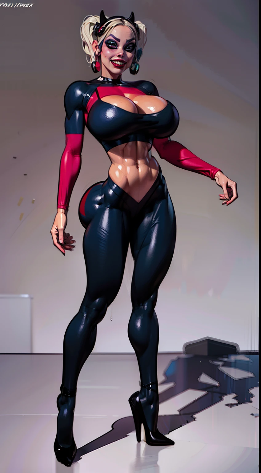 Harley Quinn, gigantic breasts , slender abs, smirk, detailed, slim waist, wide hips, red and black spandex, jester ears, eyemask, masterpiece, thick legs