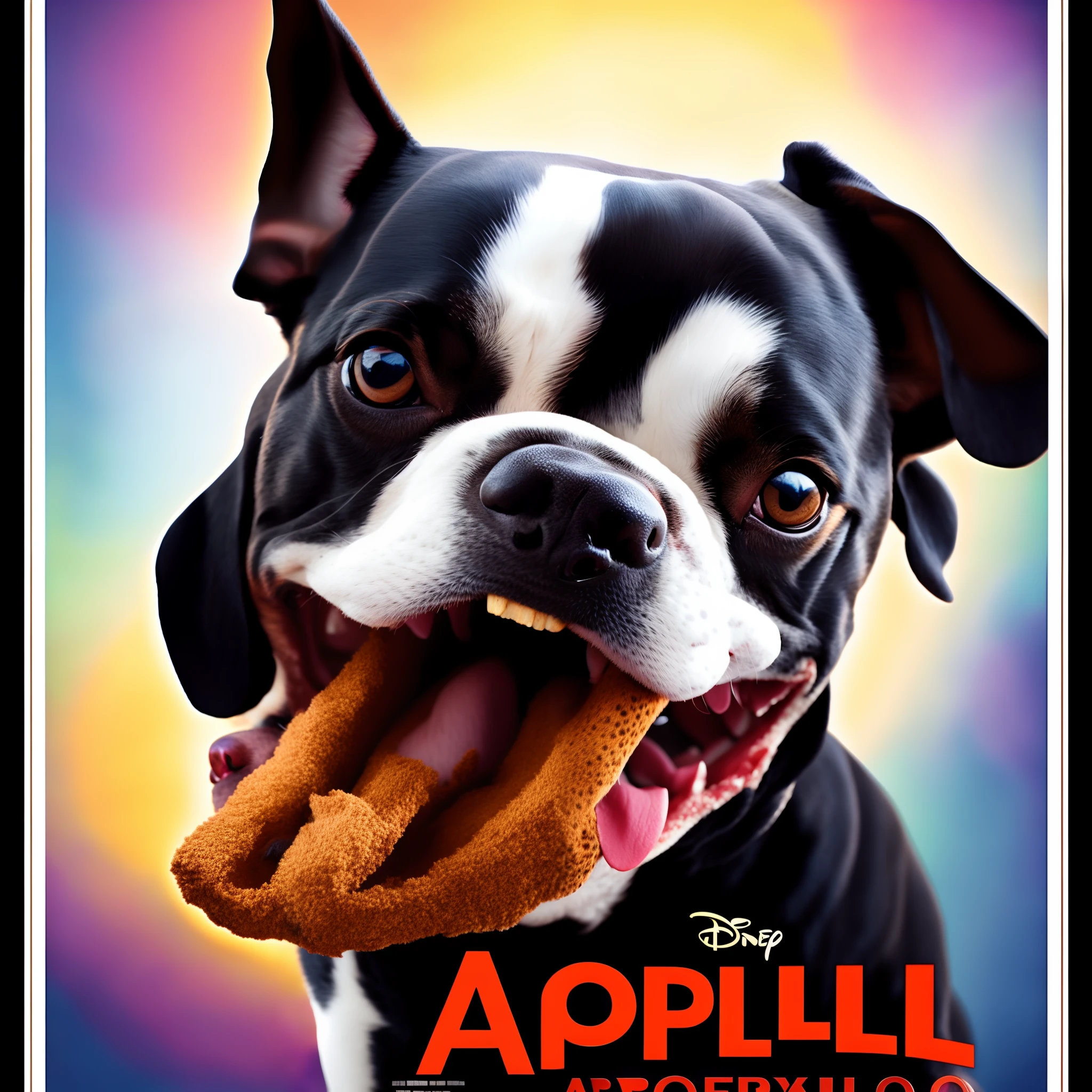 Disney Pixar poster titled "Apollo" with a Boston terrier dog with black and white spots while holding a bone in its mouth