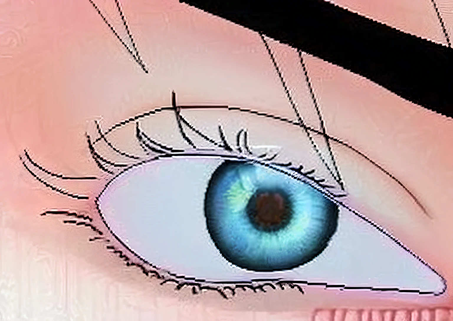 olho com um olho preto e um olho rosa, grandes olhos inclinados para baixo, posicionamento correto dos olhos, nenhuma mancha sobre o olho direito, terceiro olho no meio da testa, ponto laser entre os olhos, Olhos enormes inclinados para baixo, terceiro olho no meio da testa, Various eyelid positions, Eyelids, branco ao redor do olho direito, pele clara com tons rosados, olho de mulher, olho bonito, imagem de alta qualidade, imagem nitida de alta qualidade, nitidez de imagem de olho, imagem com nitidez perfeita de alta qualidade 4k ultra, melhor qualidade de imagem, super nitido, (((imagem nitida))), desenho realista, realistic draw