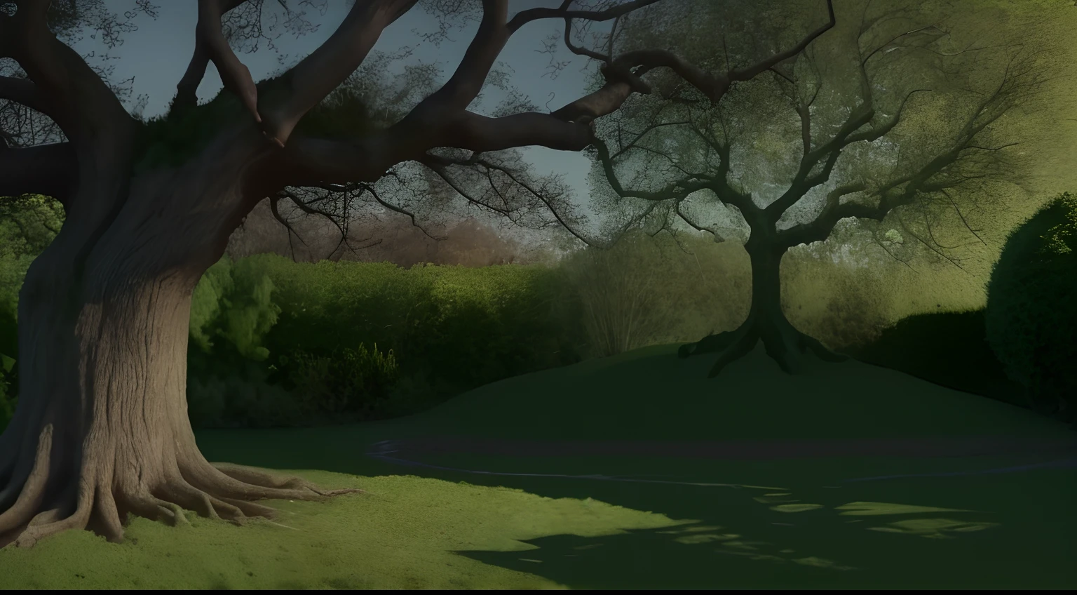 Highlight the growth of the oak tree in the garden, casting a broad shadow.Animation film