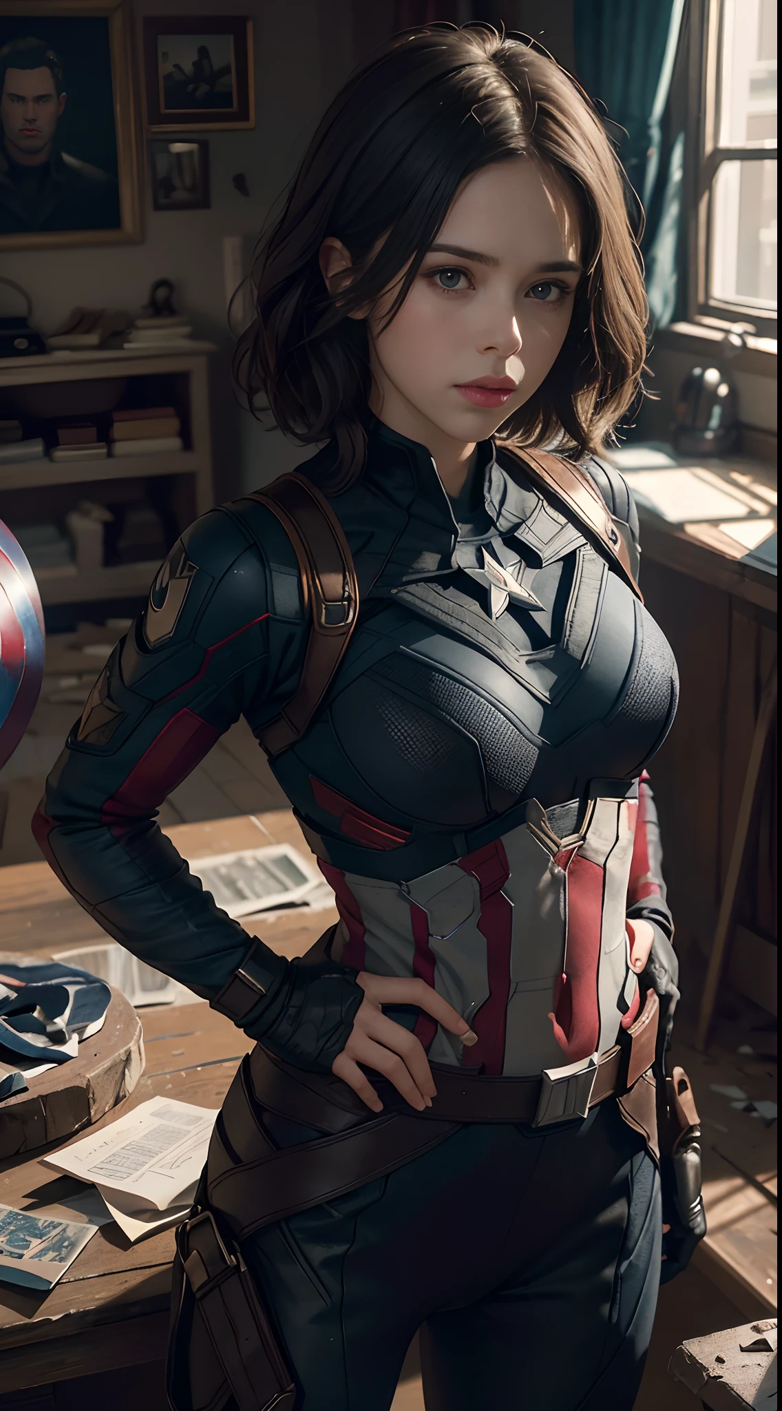 Haley atwell as Captain America (from MCU), ((wearing Captain America suit)), pose with Chris Evans, (random angles), (masterpiece, best quality, detailed cloth texture, beautiful detailed face, intricate details, ultra detailed),  curly black hair, short hair, crumbling debris,epic battle,shattered glass,flying debris,studio lighting,colorful comic book style,superhero action,shadow and light interplay,contrasting colors,emotive art style, (Best quality, A high resolution, Photorealistic, primitive, 8K, ),Best quality, Masterpiec8K.hdr. High ribs:1.2, filmgrain, Blur bokeh:1.2, Lens flare, (vivd colour:1.2), (Delicate),