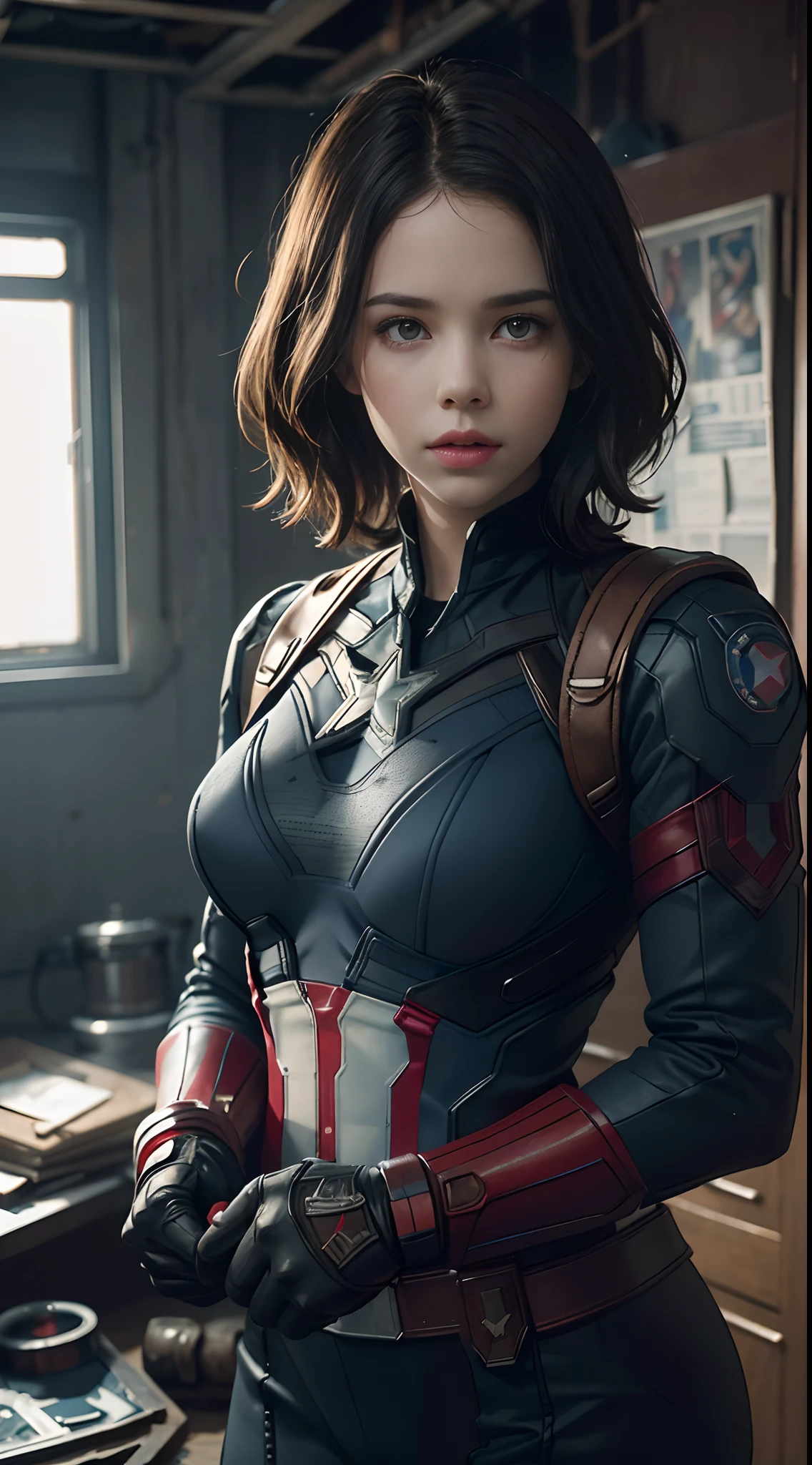 Haley atwell as Captain America (from MCU), ((wearing Captain America suit)) with Chris Evans, (random angles), (masterpiece, best quality, detailed cloth texture, beautiful detailed face, intricate details, ultra detailed),  curly black hair, short hair, crumbling debris,epic battle,shattered glass,flying debris,studio lighting,colorful comic book style,superhero action,shadow and light interplay,contrasting colors,emotive art style, (Best quality, A high resolution, Photorealistic, primitive, 8K, ),Best quality, Masterpiec8K.hdr. High ribs:1.2, filmgrain, Blur bokeh:1.2, Lens flare, (vivd colour:1.2), (Delicate),