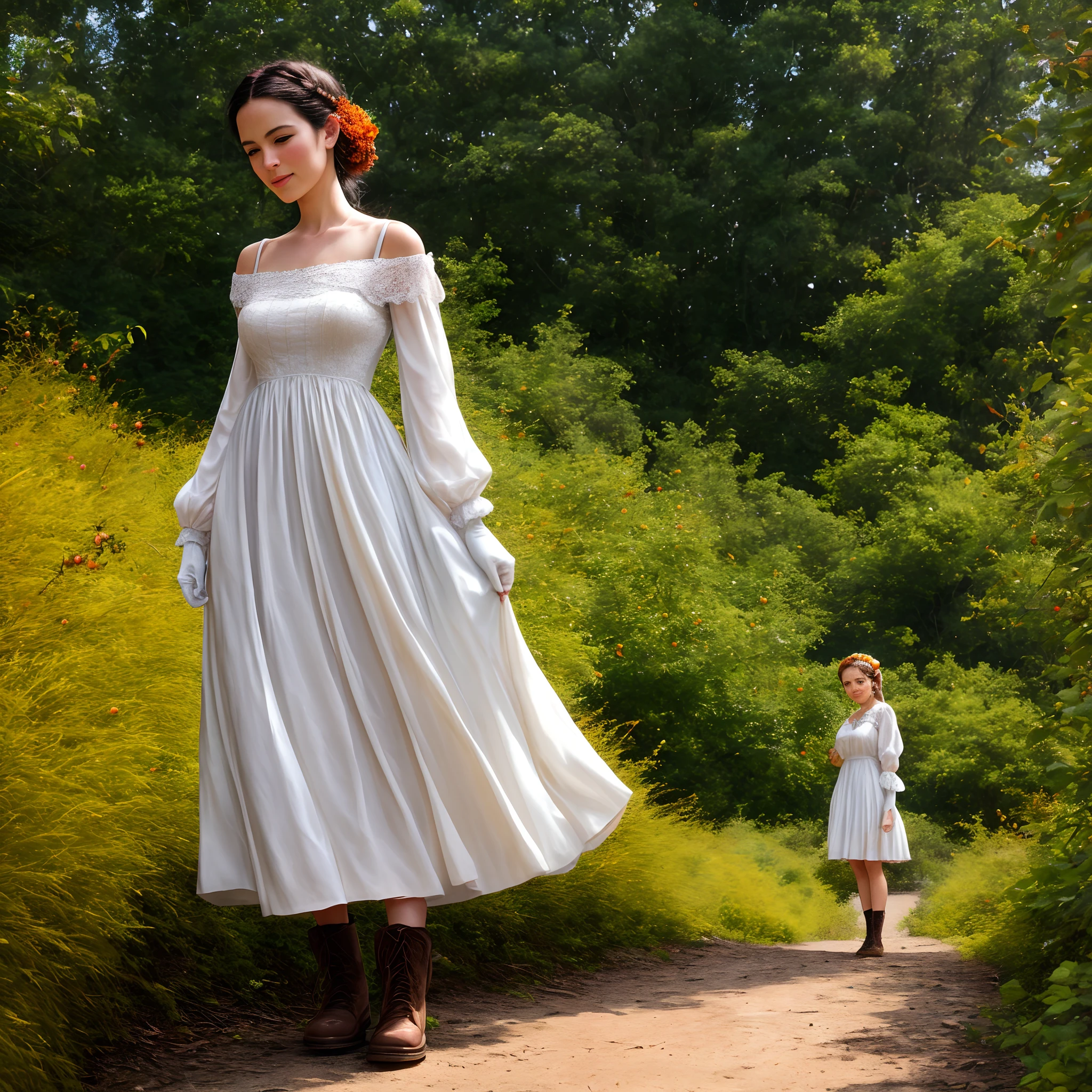As I read my novel against the shortened log of wood, a young girl - seeming to be just fourteen in age, a year younger than I - had rambled forward from the pine trees along the warm leafy path. Her footsteps had echoed with the crunch of yellow grass and spiritual decay as her doe eyes pondered in despair. Her  pale blue Victorian dress flowed delicately in the wind, not daring to reveal any skin on her figure but a slight glimpse of the ankle in fault of the chilled wind; her sleeves puffed up at the shoulders before extending down like slithering tights along her arms, they halted right above where her hands began and her hands were encased in soft, silk white gloves with stains of fruit from picking. Her work boots were a pale brown, her lacey socks peaked over like fearful rabbits in a burrow. She held a small basket full of juicy reddened berries and a few books, one of which was a Latin text book which I assume was assigned to her, and another was a small, withered and stained journal. Her hair was dark and thick, extending down to her chest like it was aching to be held, a dreadful warmth emitted from her moist, pale, freckled face. I watched her as her expression lightened upon seeing me in her vision; she smiled greatly with her eyes scrunching like sweet summer oranges and her cheeks reddening the color of juicy Royal Ann cherries, but I could tell the fruits of her body were withering away as her bagged eyes sunk again in sorrow. She panted and stepped forward towards me, happy, yet looking as if she was about to faint from dreadful exhaustion.