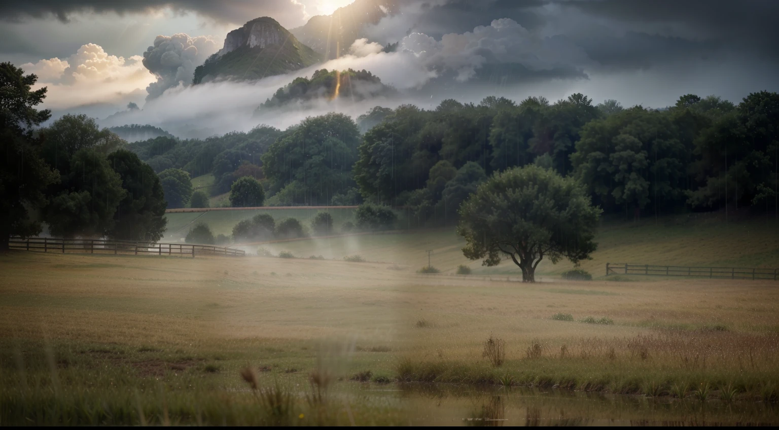 ultra-realistic, masterpiece quality, Rain in open field, (sunlight reflecting through raindrops), Cinematic, raindrops passing sunlight, open field, glistening wet grass, dramatic clouds, serene atmosphere, gentle breeze, immersive landscape, vast expanse, tranquil scene, cinematic lighting, dynamic composition, intense colors, heightened contrast, exquisite details, dynamic raindrops, shimmering reflections, photorealistic portrayal of rain, captivating ambiance, evocative mood